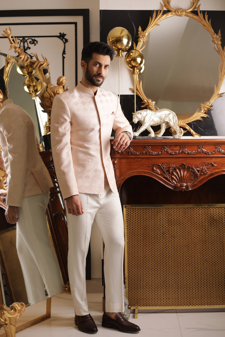 Blush Pink Embroidered Raw Silk Prince Coat (2-Piece) - Image 1