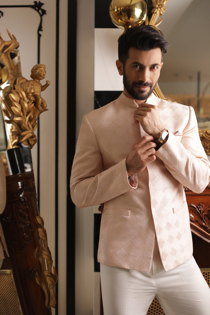 Blush Pink Embroidered Raw Silk Prince Coat (2-Piece) - Image 3
