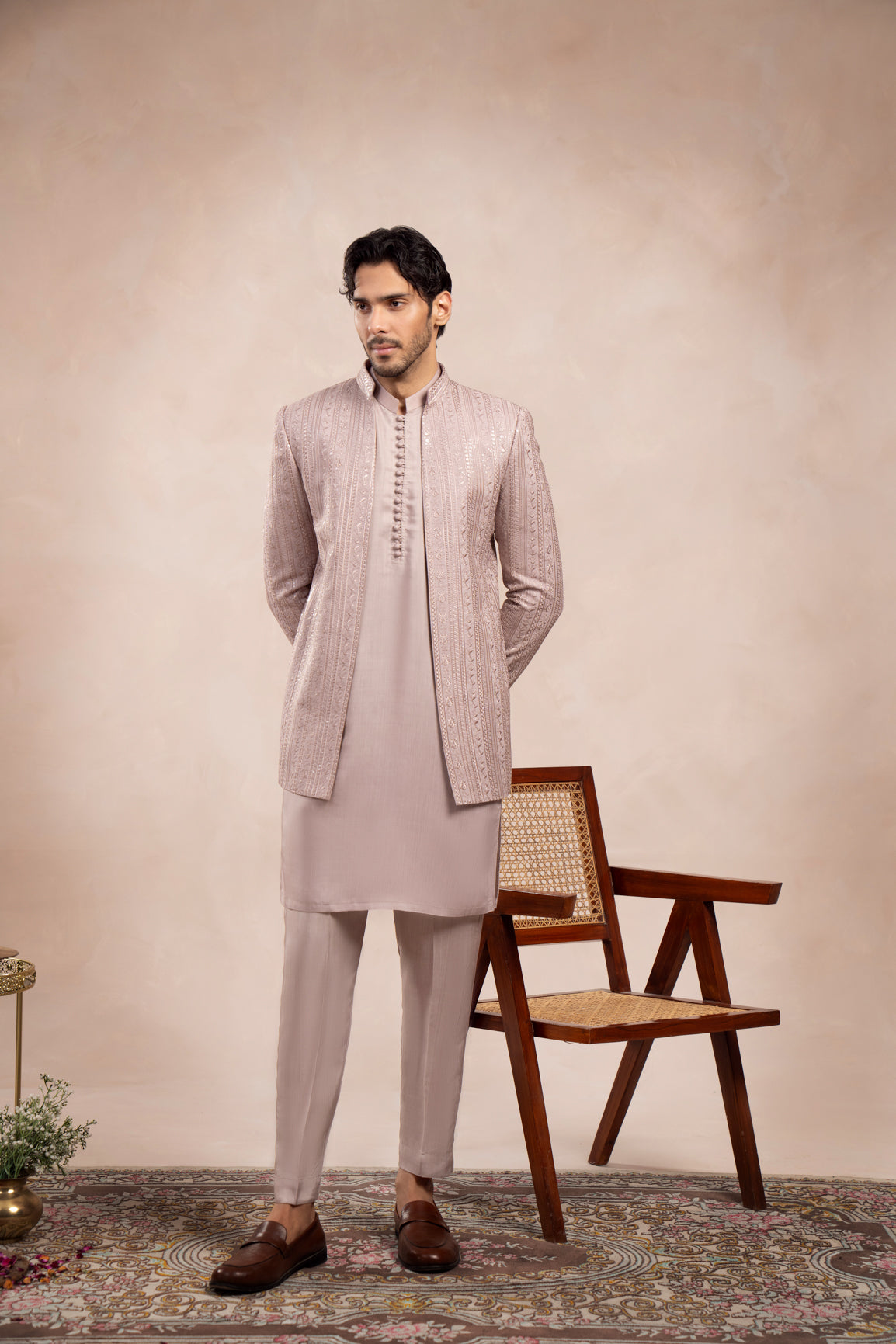 Soft Pink Embroidered Raw Silk Prince Coat (3-Piece) - Image 1