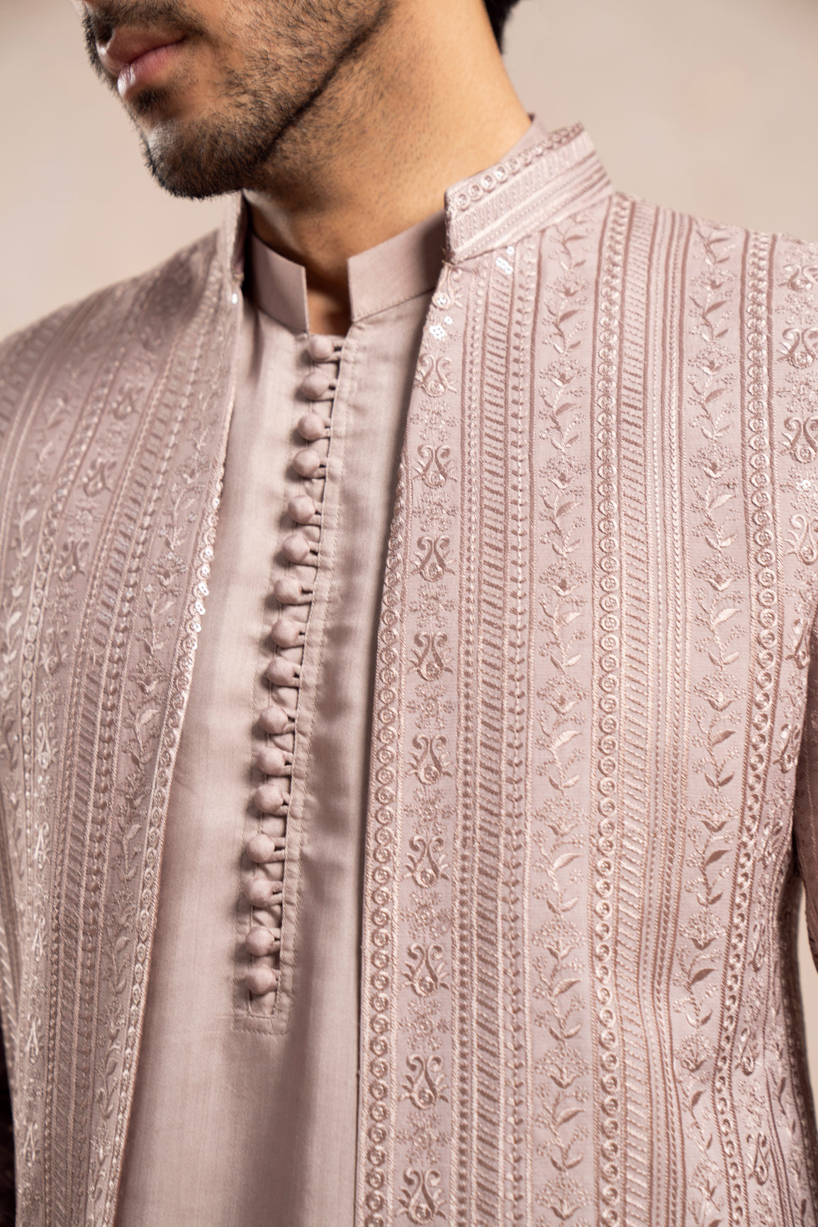 Soft Pink Embroidered Raw Silk Prince Coat (3-Piece) - Image 10