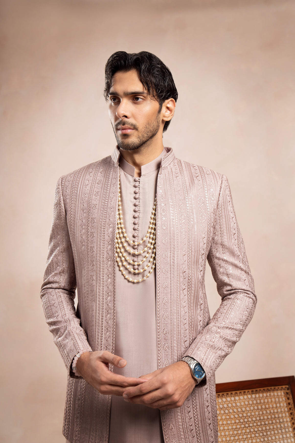 Soft Pink Embroidered Raw Silk Prince Coat (3-Piece) - Image 9