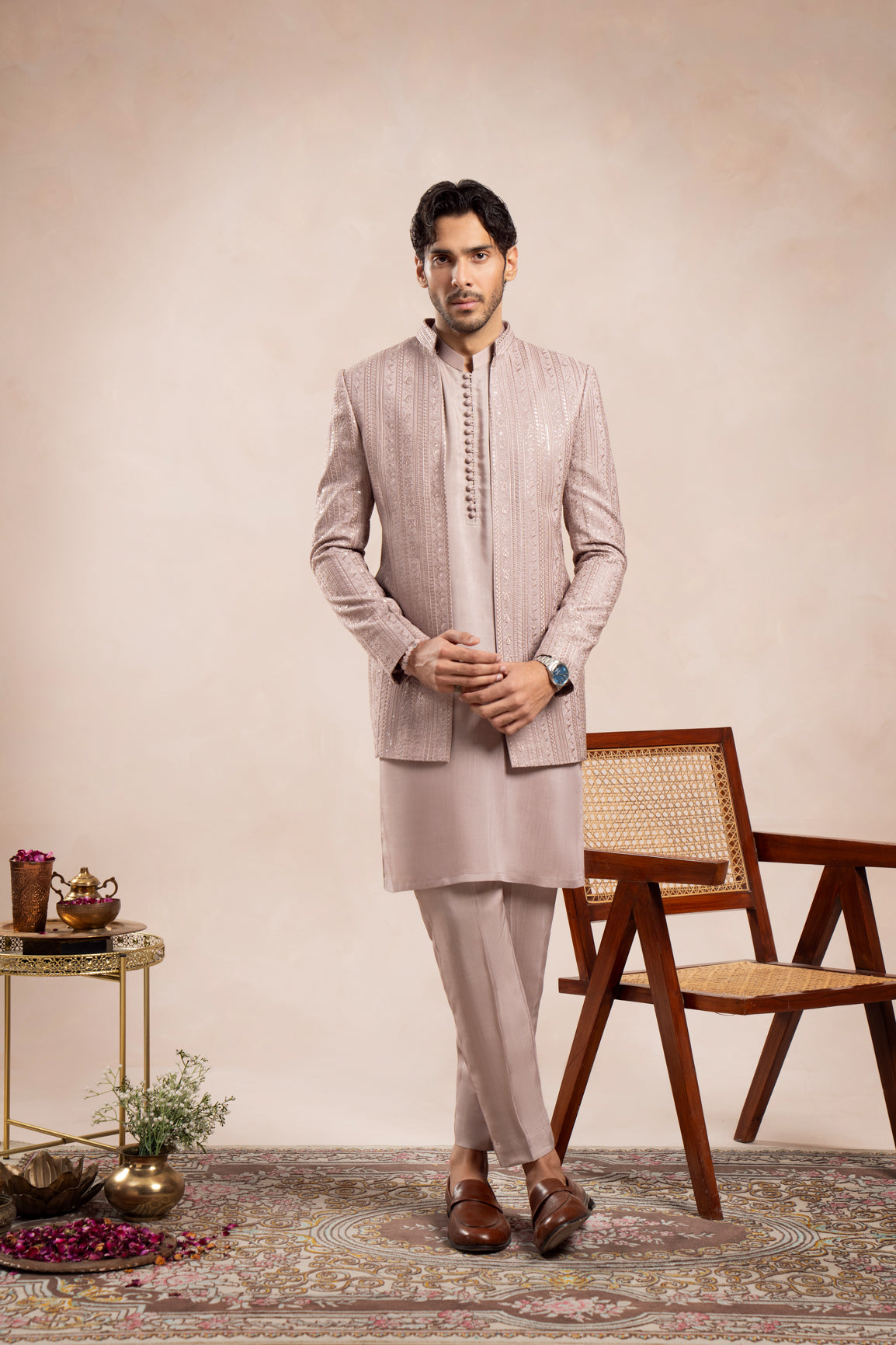 Soft Pink Embroidered Raw Silk Prince Coat (1-Pc) - Image 2
