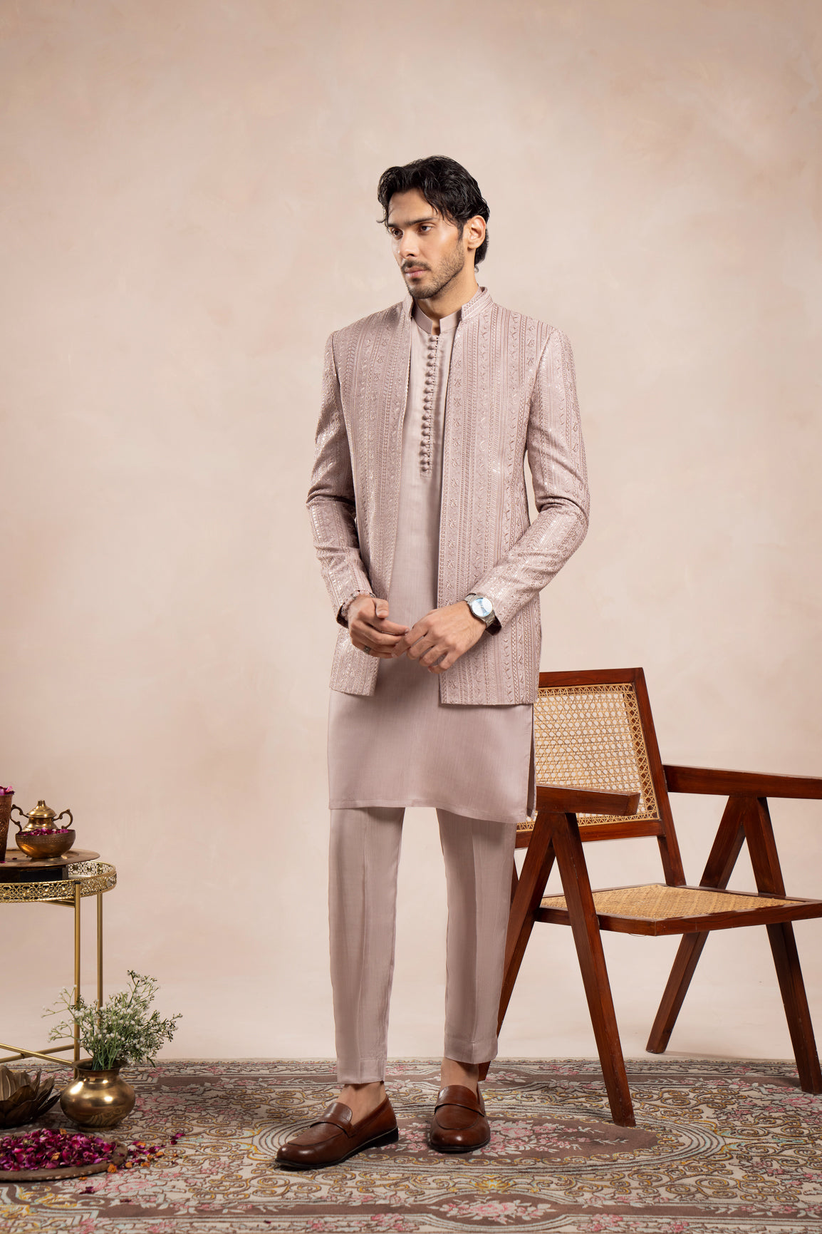 Soft Pink Embroidered Raw Silk Prince Coat (1-Pc) - Image 3