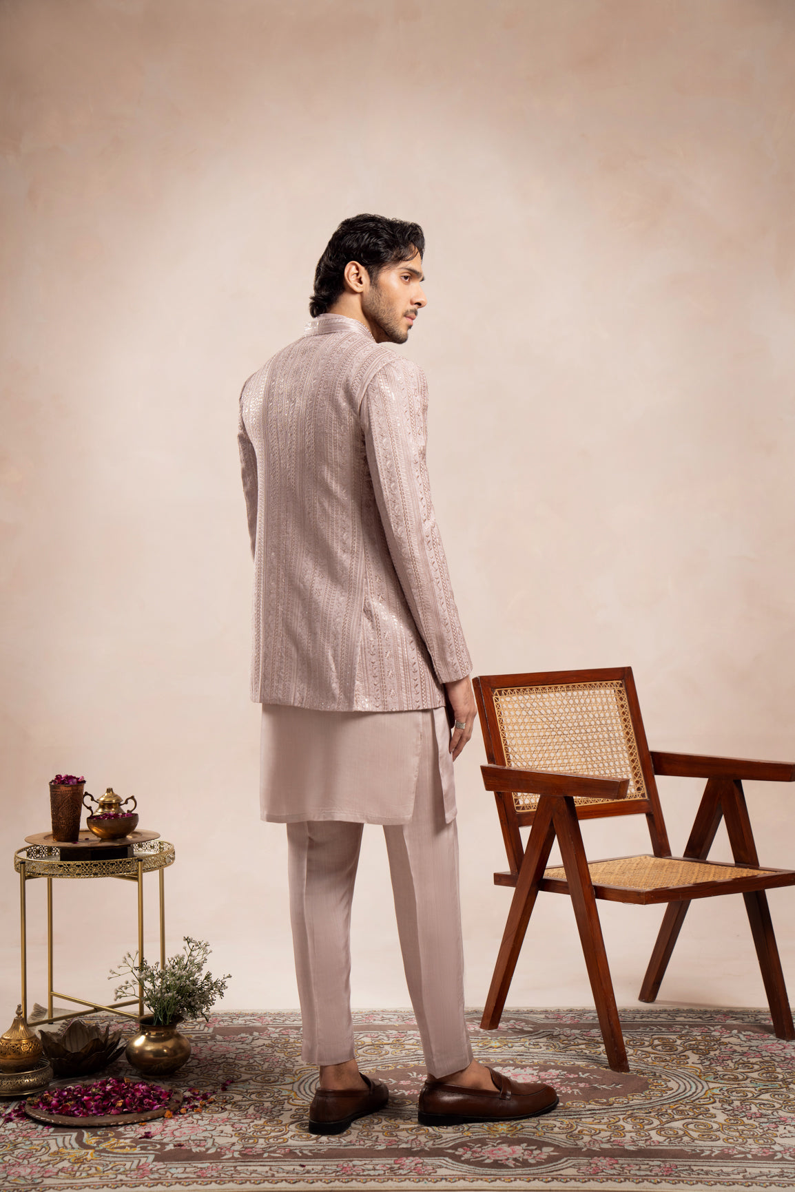 Soft Pink Embroidered Raw Silk Prince Coat (1-Pc) - Image 4
