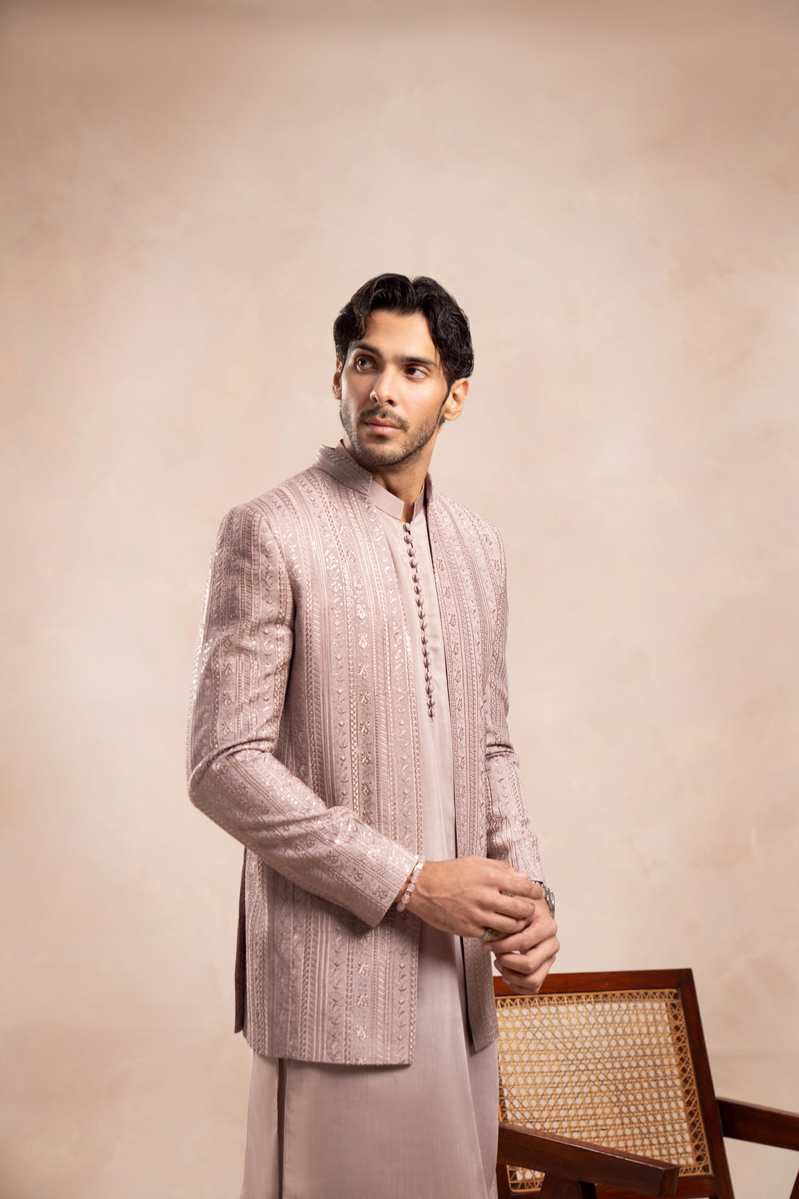 Soft Pink Embroidered Raw Silk Prince Coat (1-Pc) - Image 5