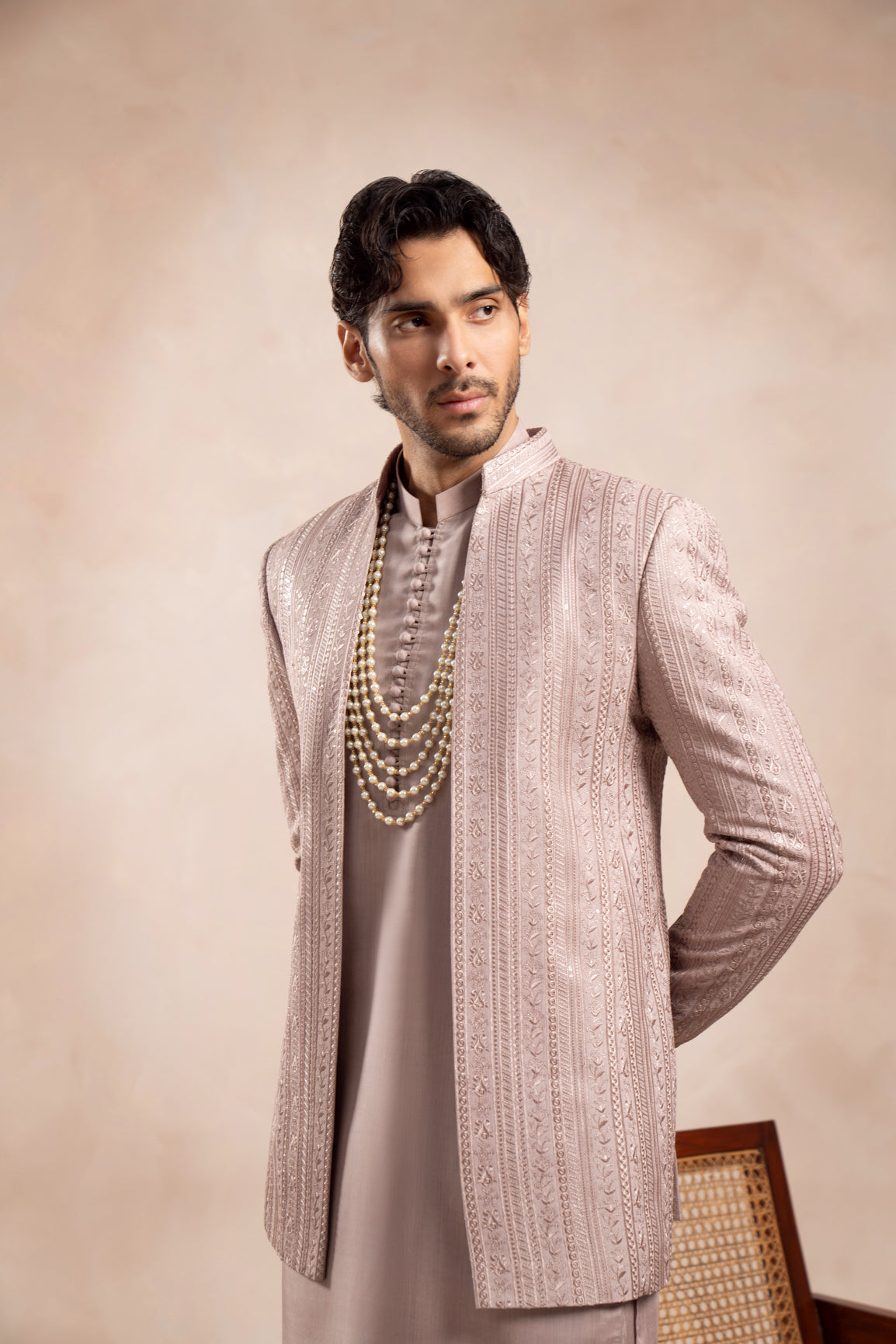 Soft Pink Embroidered Raw Silk Prince Coat (1-Pc) - Image 7