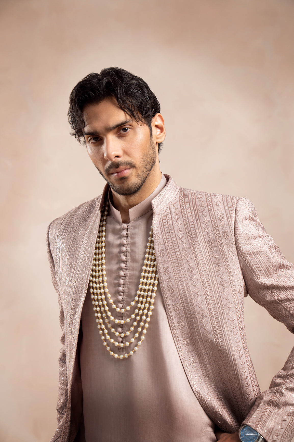 Soft Pink Embroidered Raw Silk Prince Coat (1-Pc) - Image 8