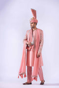 Peach Embroidered Raw Silk Prince Coat (4-Piece) - Image 1