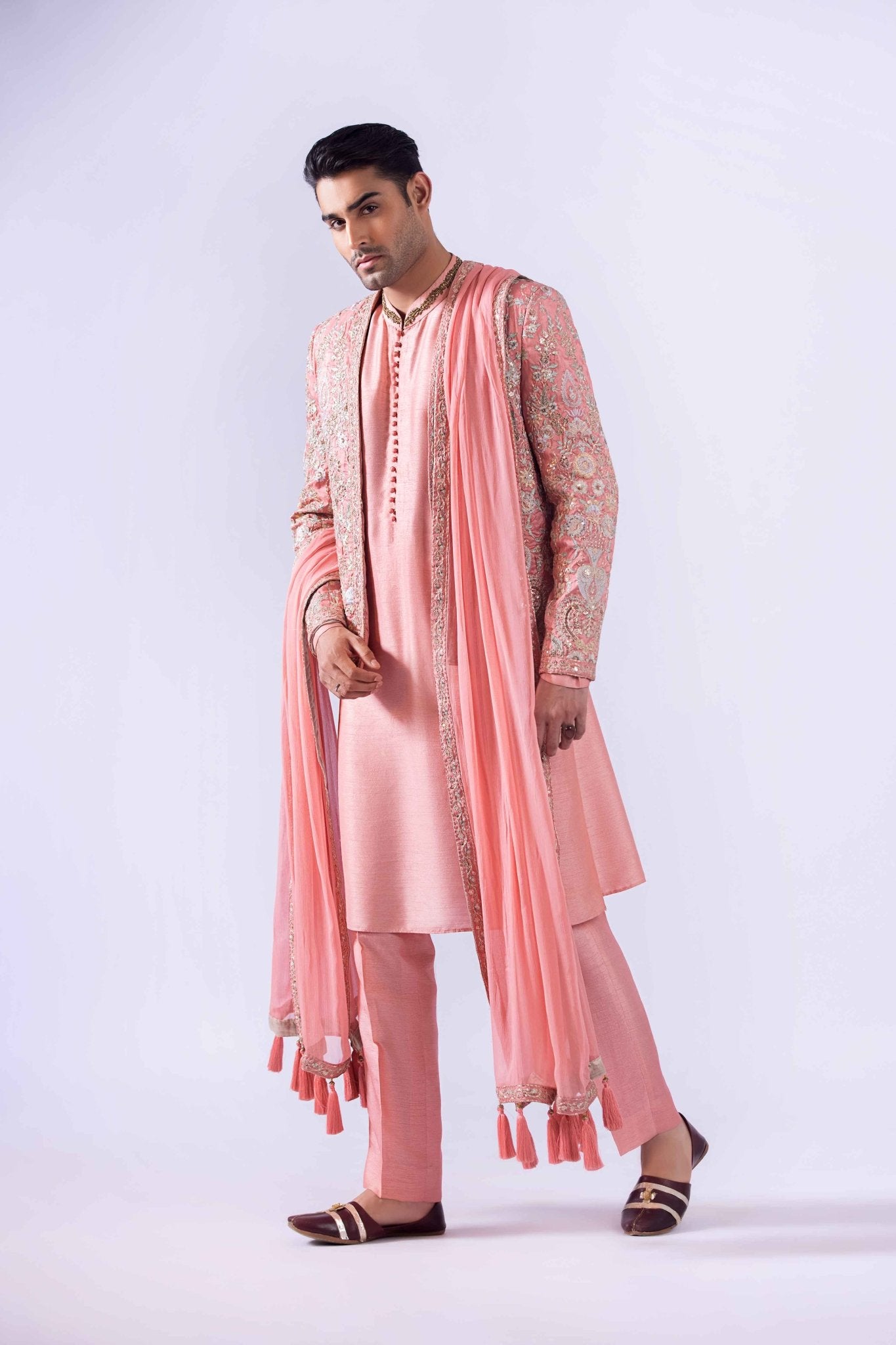 Peach Embroidered Raw Silk Prince Coat (4-Piece) - Image 2