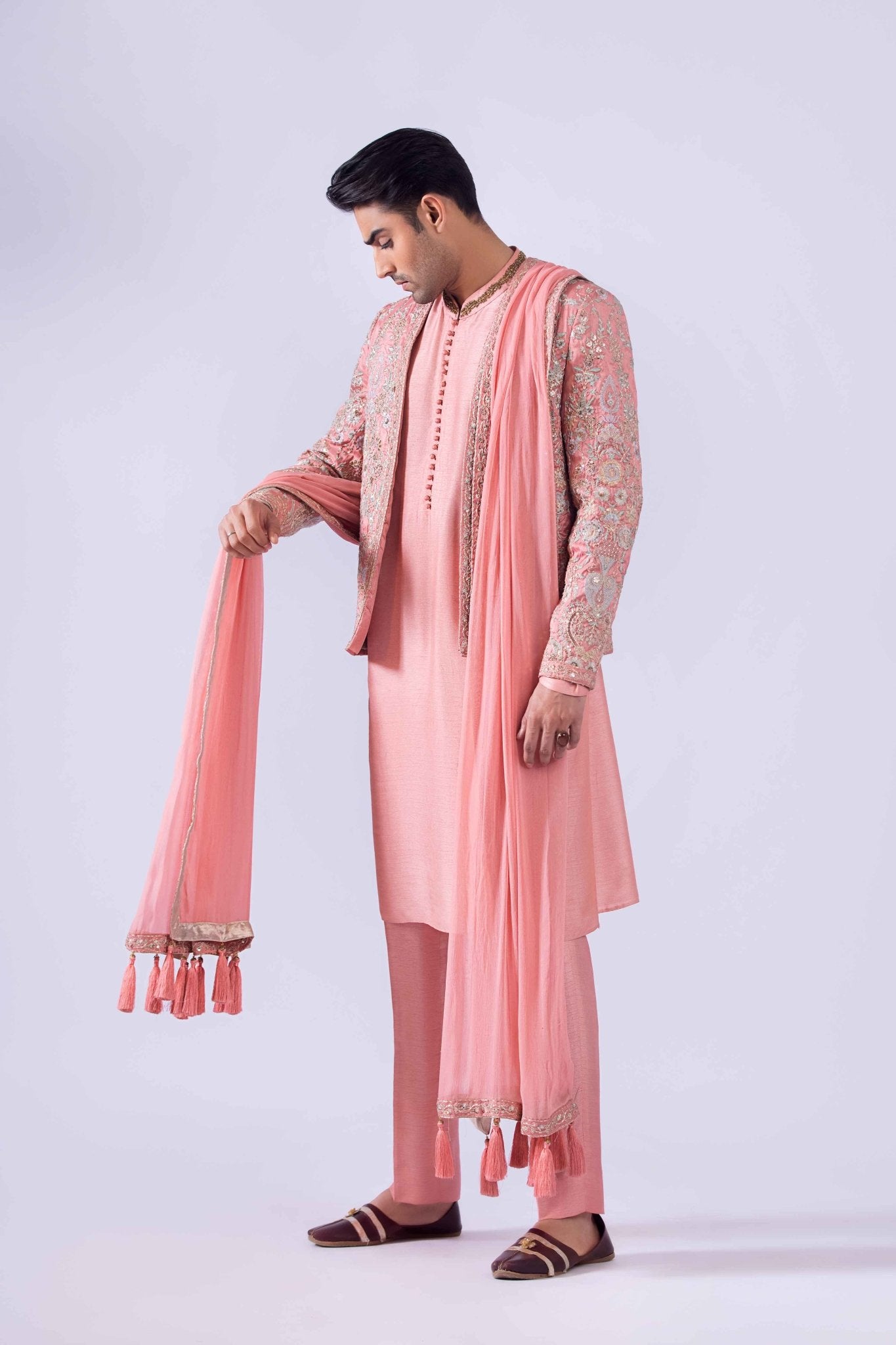 Peach Embroidered Raw Silk Prince Coat (4-Piece) - Image 3