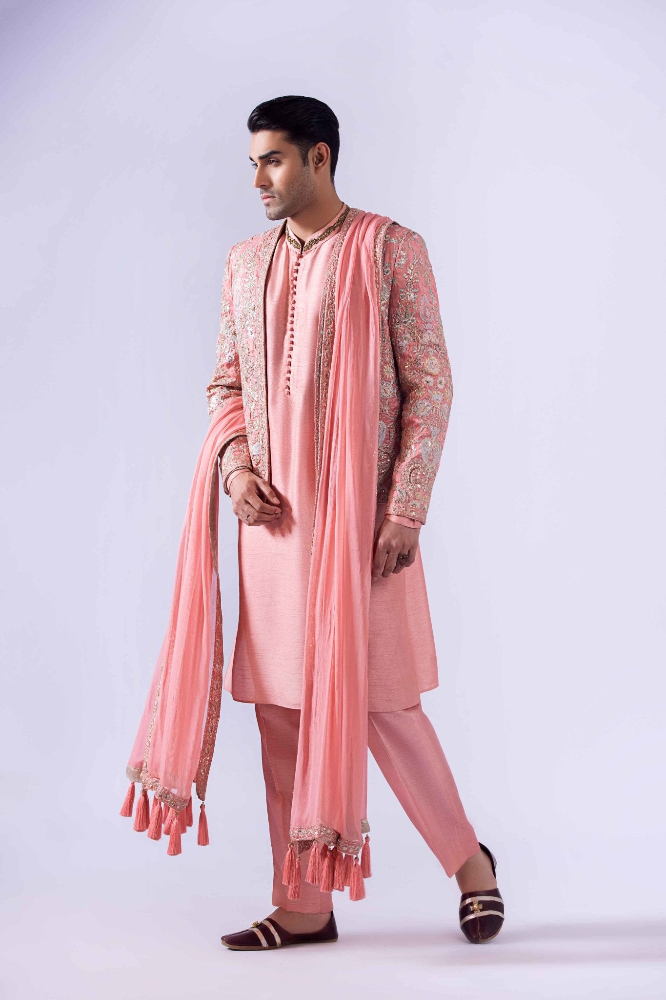 Peach Embroidered Raw Silk Prince Coat (4-Piece) - Image 4