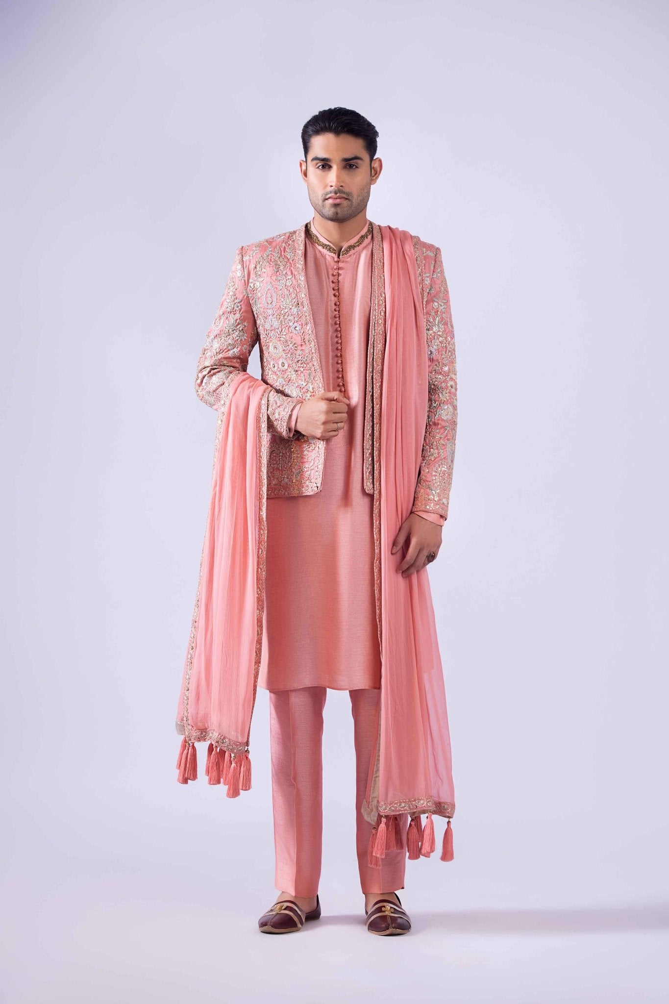 Peach Embroidered Raw Silk Prince Coat (4-Piece) - Image 5