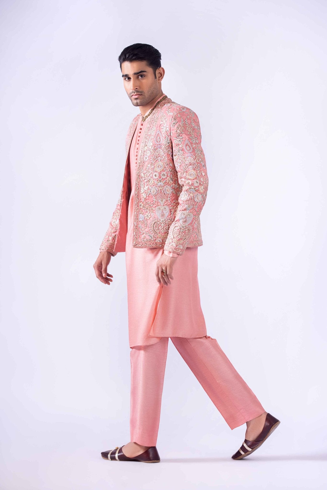 Peach Embroidered Raw Silk Prince Coat (4-Piece) - Image 7