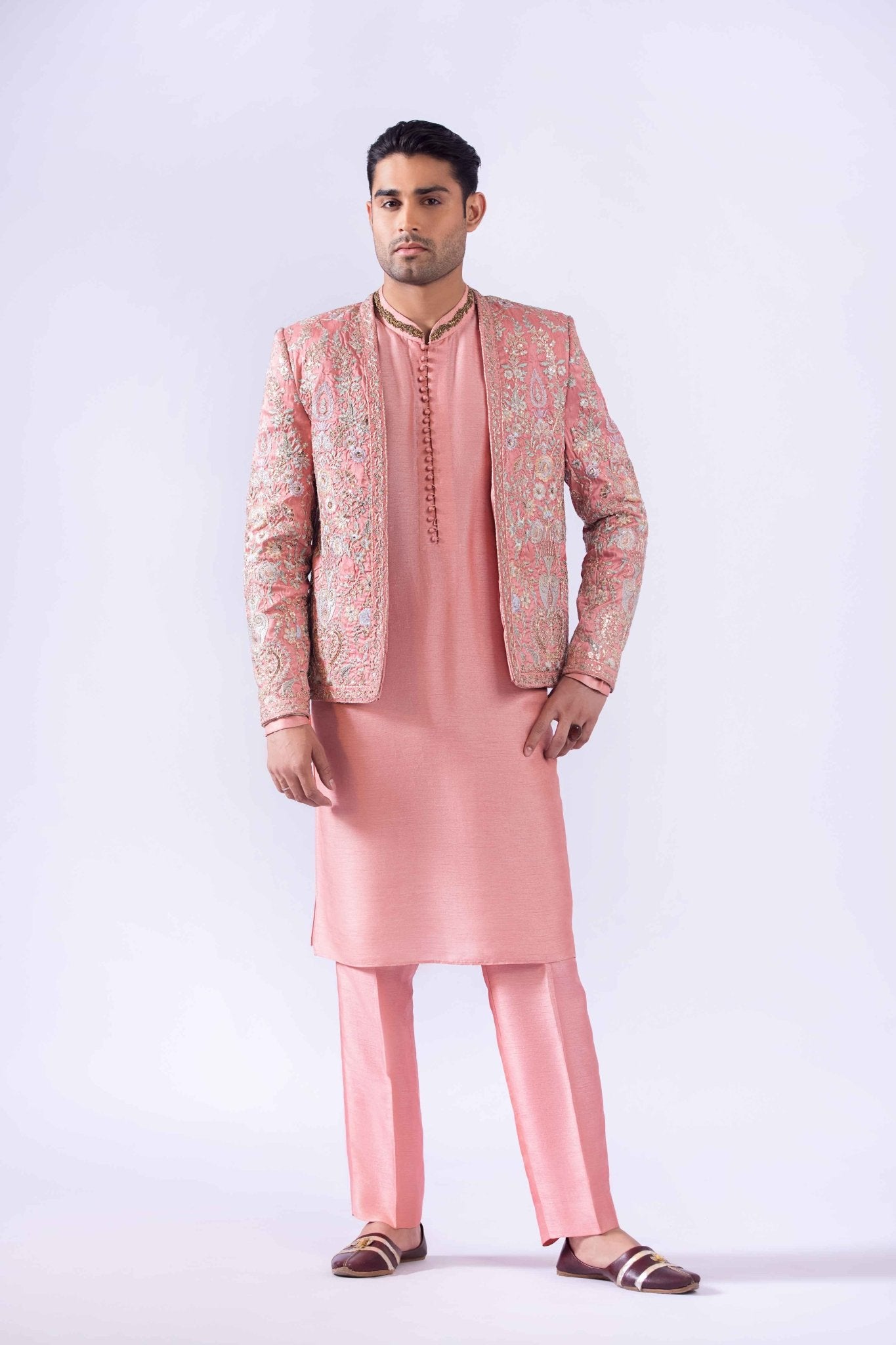 Peach Embroidered Raw Silk Prince Coat (4-Piece) - Image 8