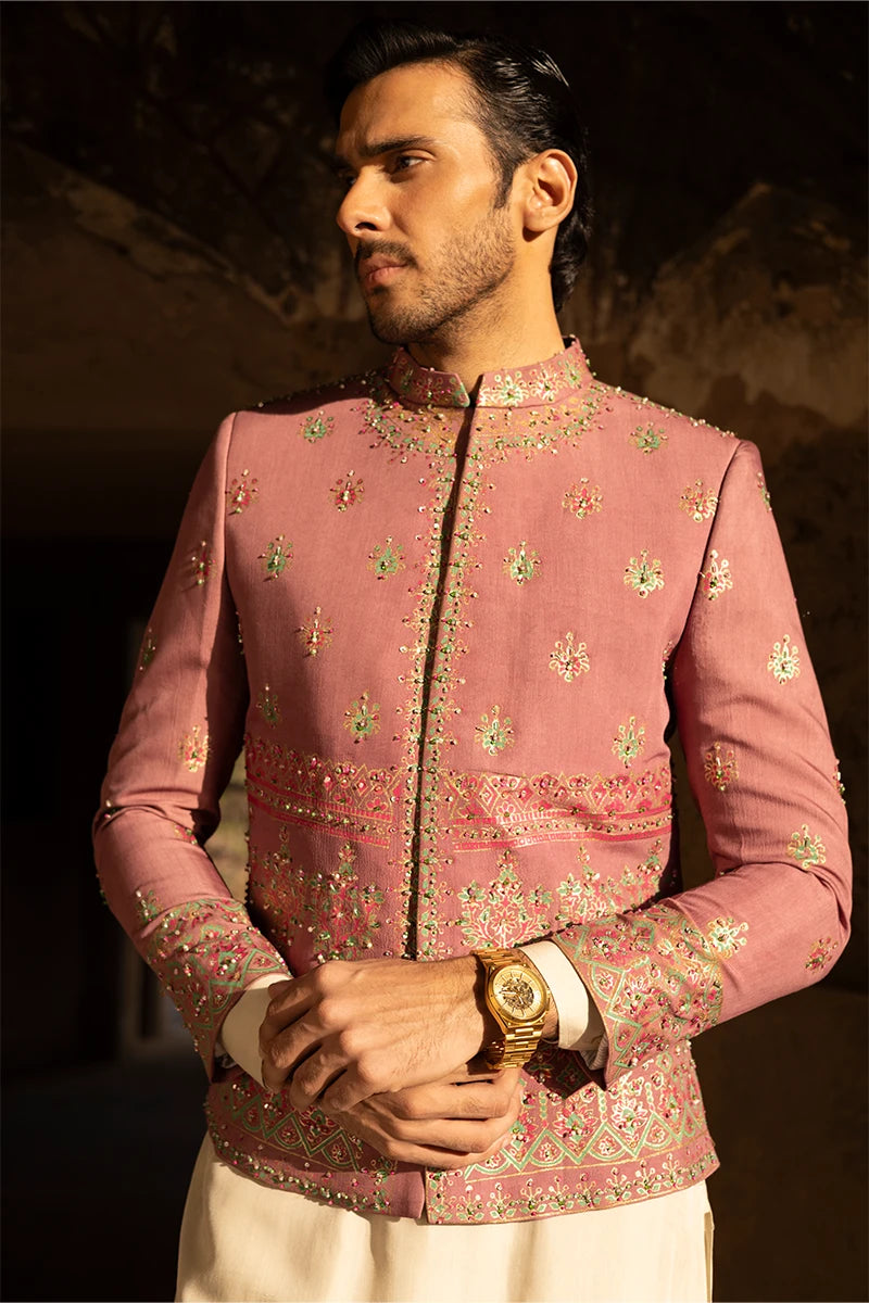 Strawberry Pink Embroidered Serona Prince Coat (3-Piece) - Image 3