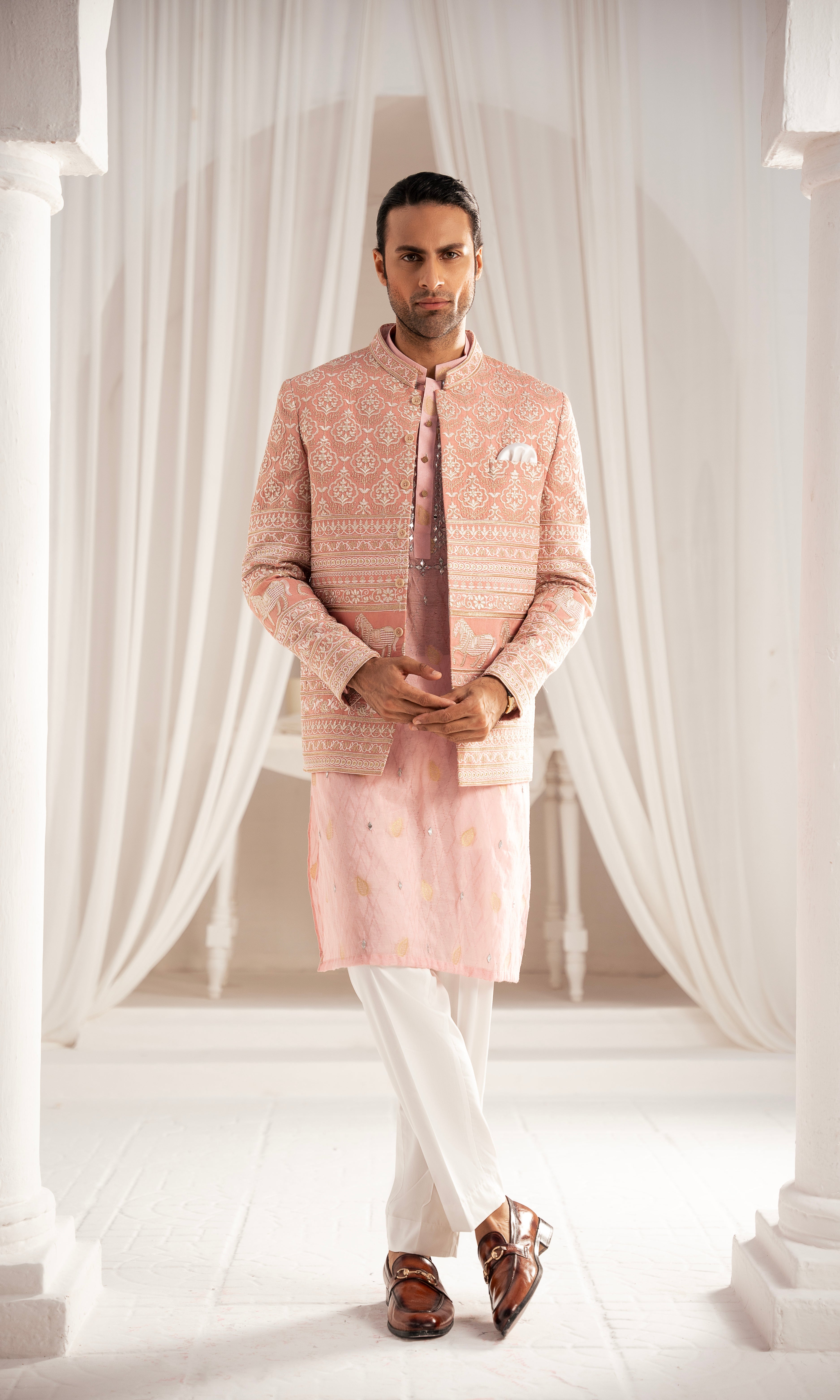 Blush Pink Embroidered Prince Coat 3-Piece - Image 1