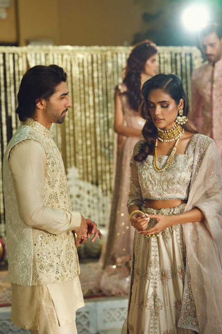 Pastel Peach Embellished Silk-Blend Prince Coat (3-Piece) - Image 2