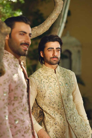 Pastel Peach Embellished Silk-Blend Prince Coat (3-Piece) - Image 3