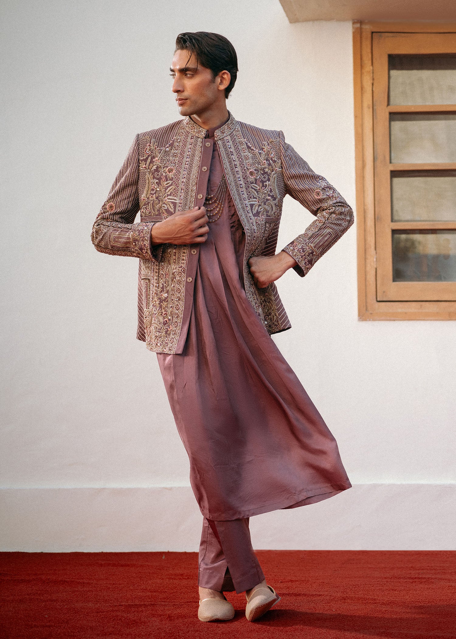 Tea Pink Hand-Embellished Silk-Blend Prince Coat (3-Piece) - Image 1