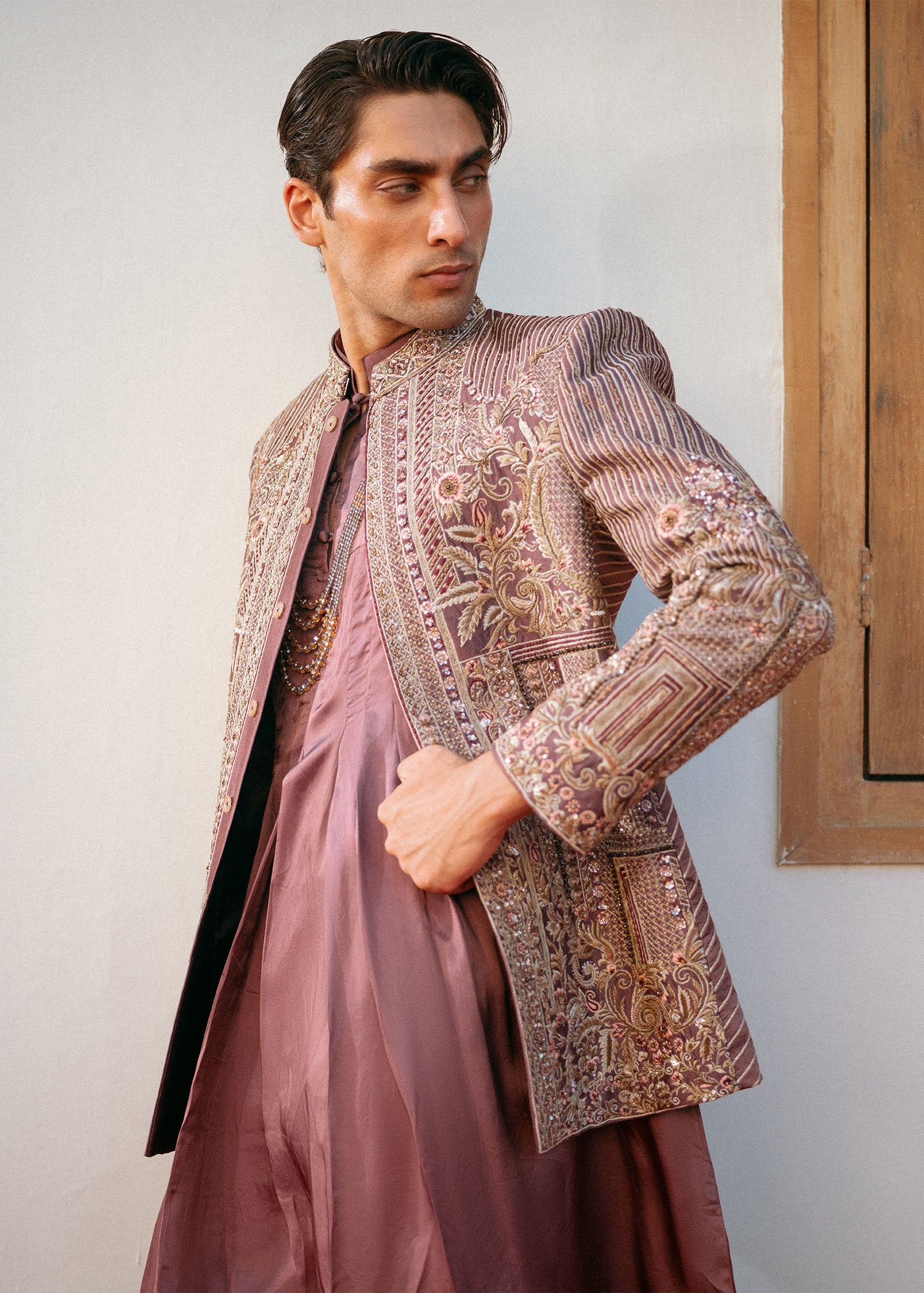 Tea Pink Hand-Embellished Silk-Blend Prince Coat (3-Piece) - Image 2