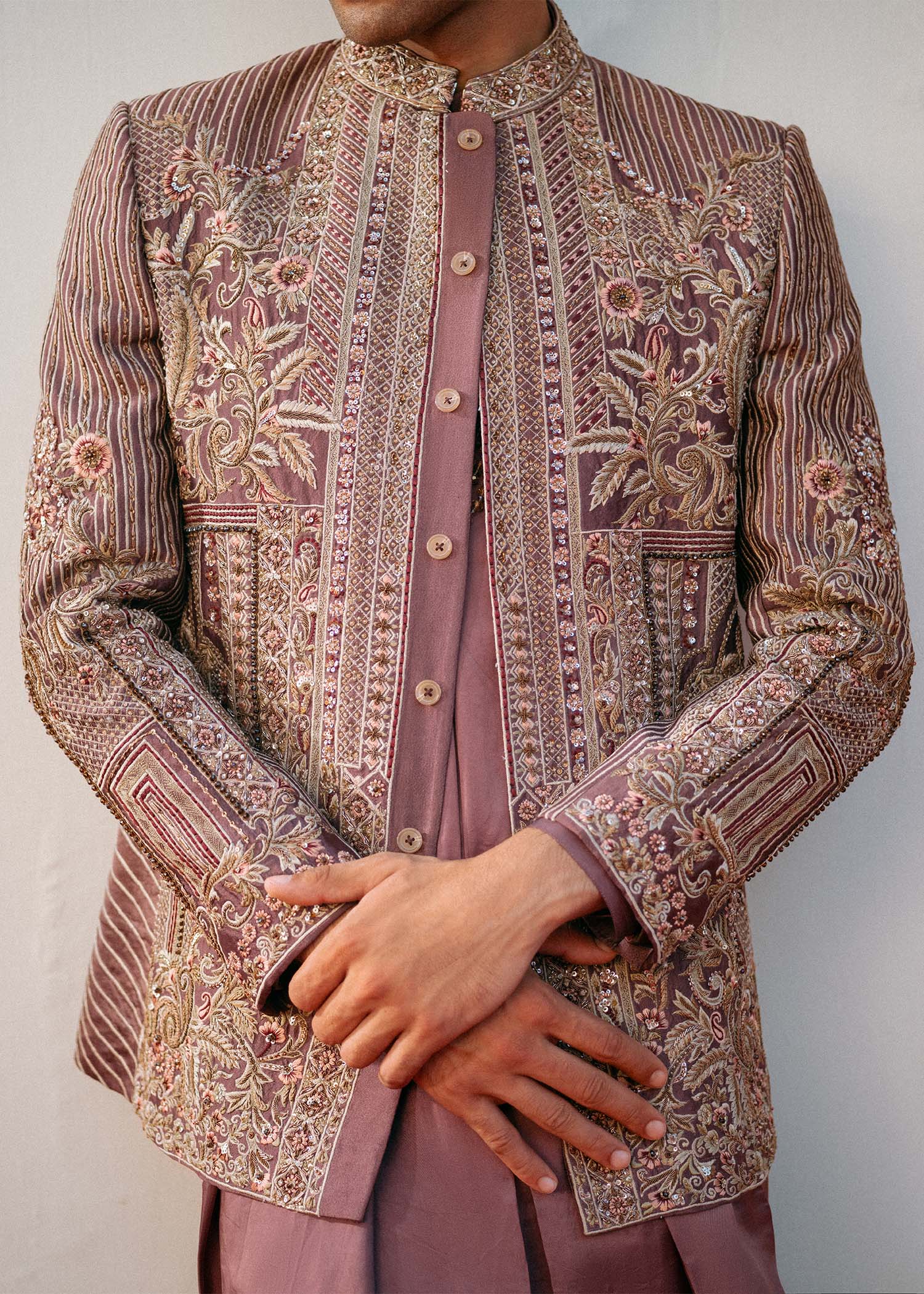 Tea Pink Hand-Embellished Silk-Blend Prince Coat (3-Piece) - Image 6