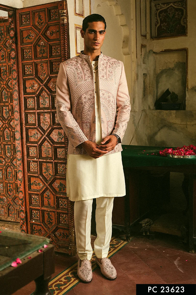 Powder Pink Embroidered Silk-Blend Prince Coat (3-Piece) - Image 1