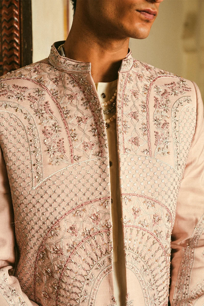 Powder Pink Embroidered Silk-Blend Prince Coat (3-Piece) - Image 2