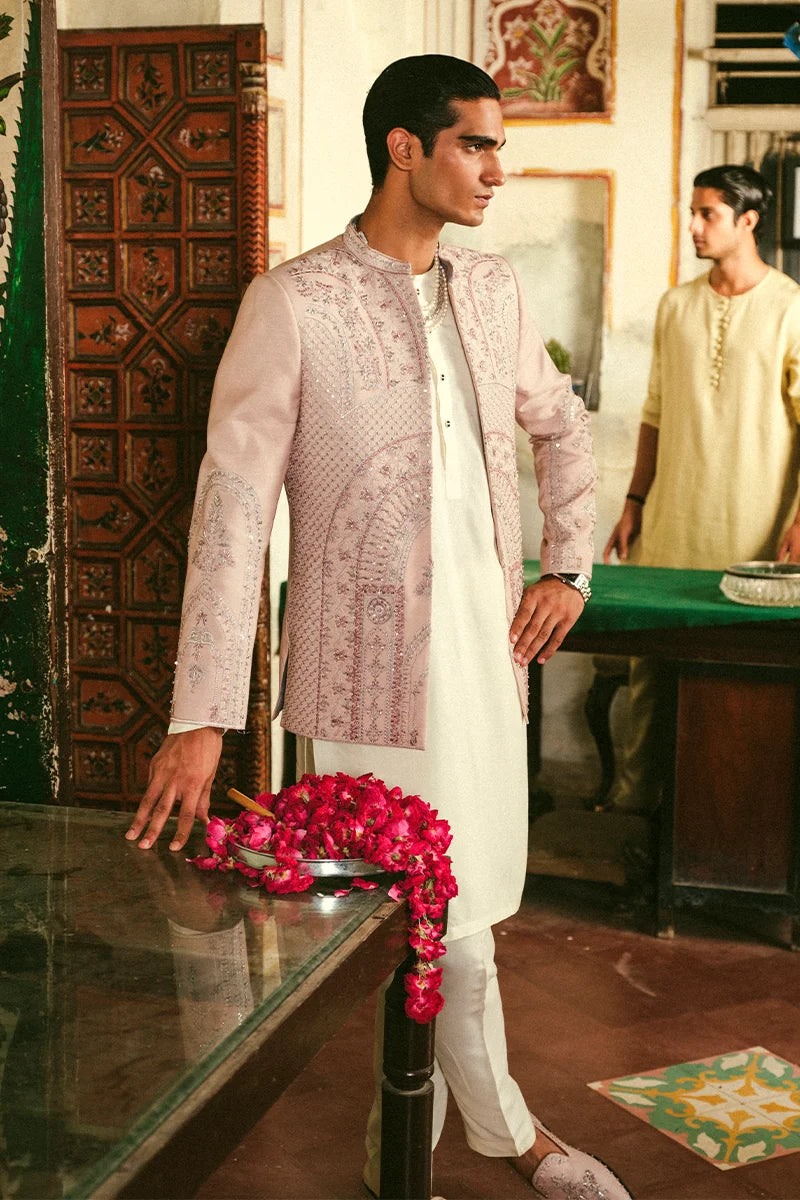 Powder Pink Embroidered Silk-Blend Prince Coat (3-Piece) - Image 3