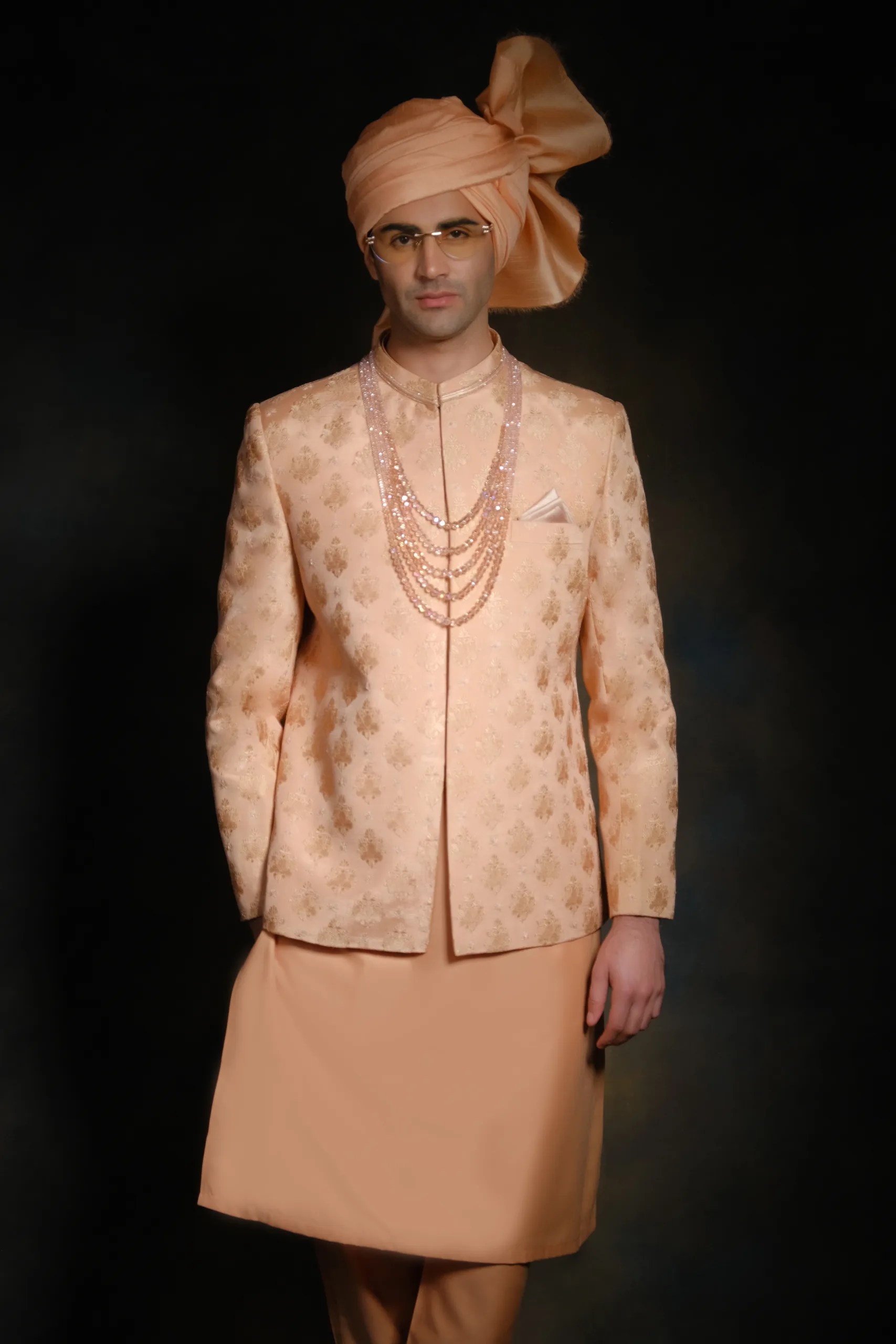 Peach Woven Silk-Blend Jacquard Prince Coat (3-Piece) - Image 1
