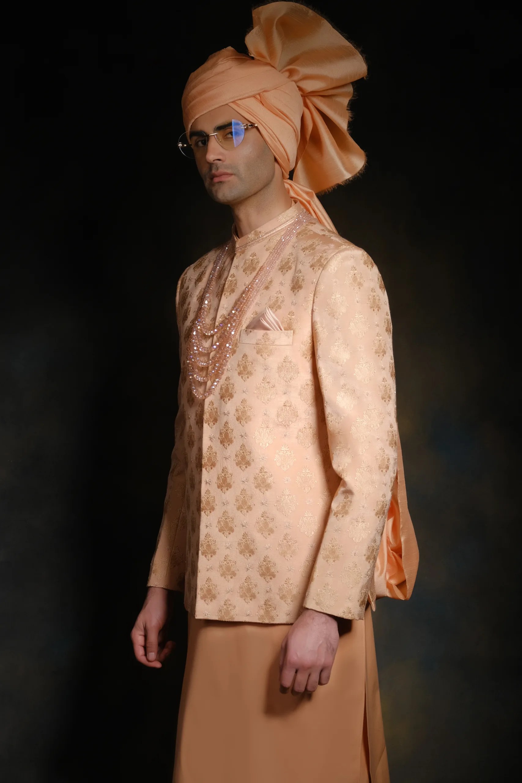 Peach Woven Silk-Blend Jacquard Prince Coat (3-Piece) - Image 2