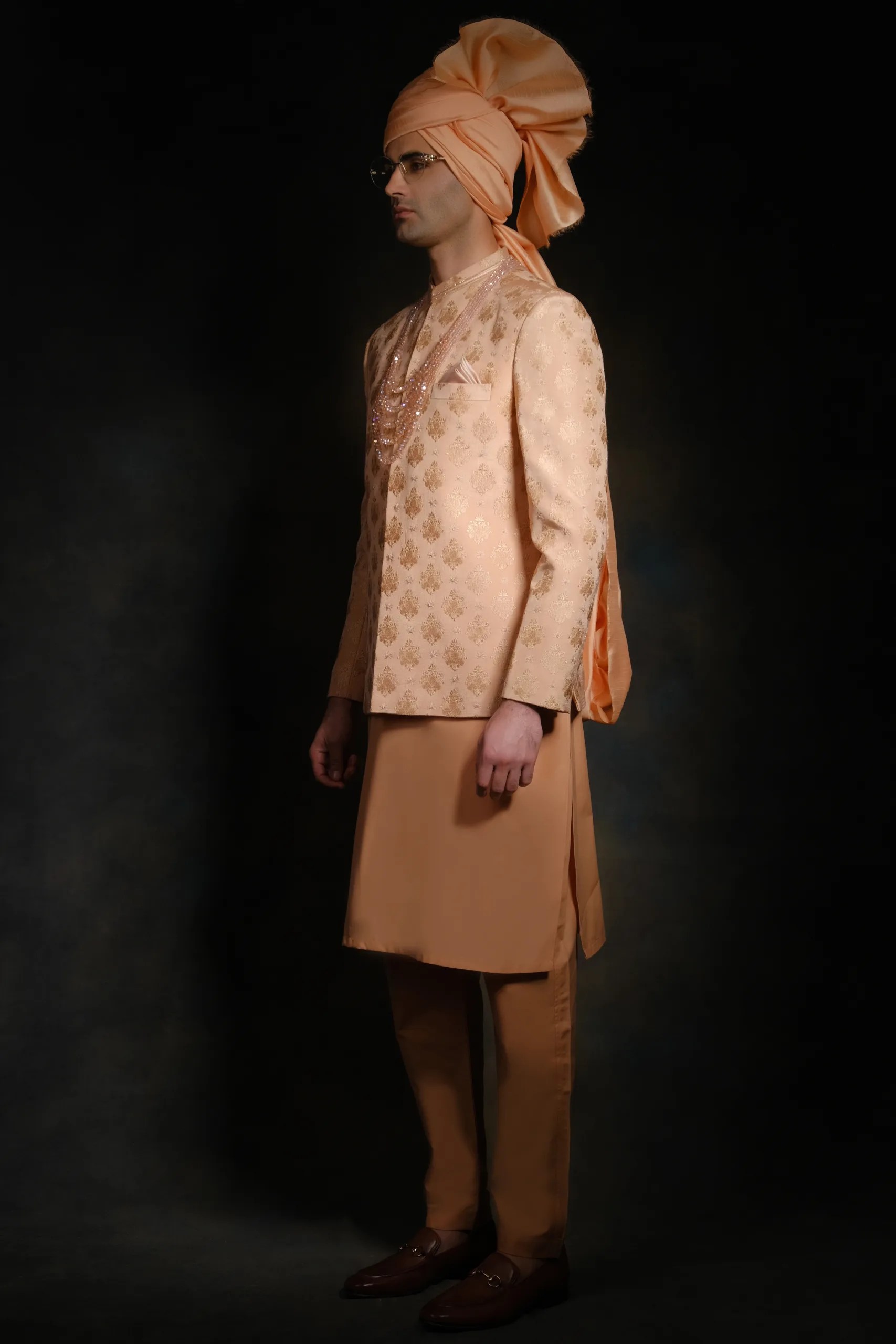 Peach Woven Silk-Blend Jacquard Prince Coat (3-Piece) - Image 3
