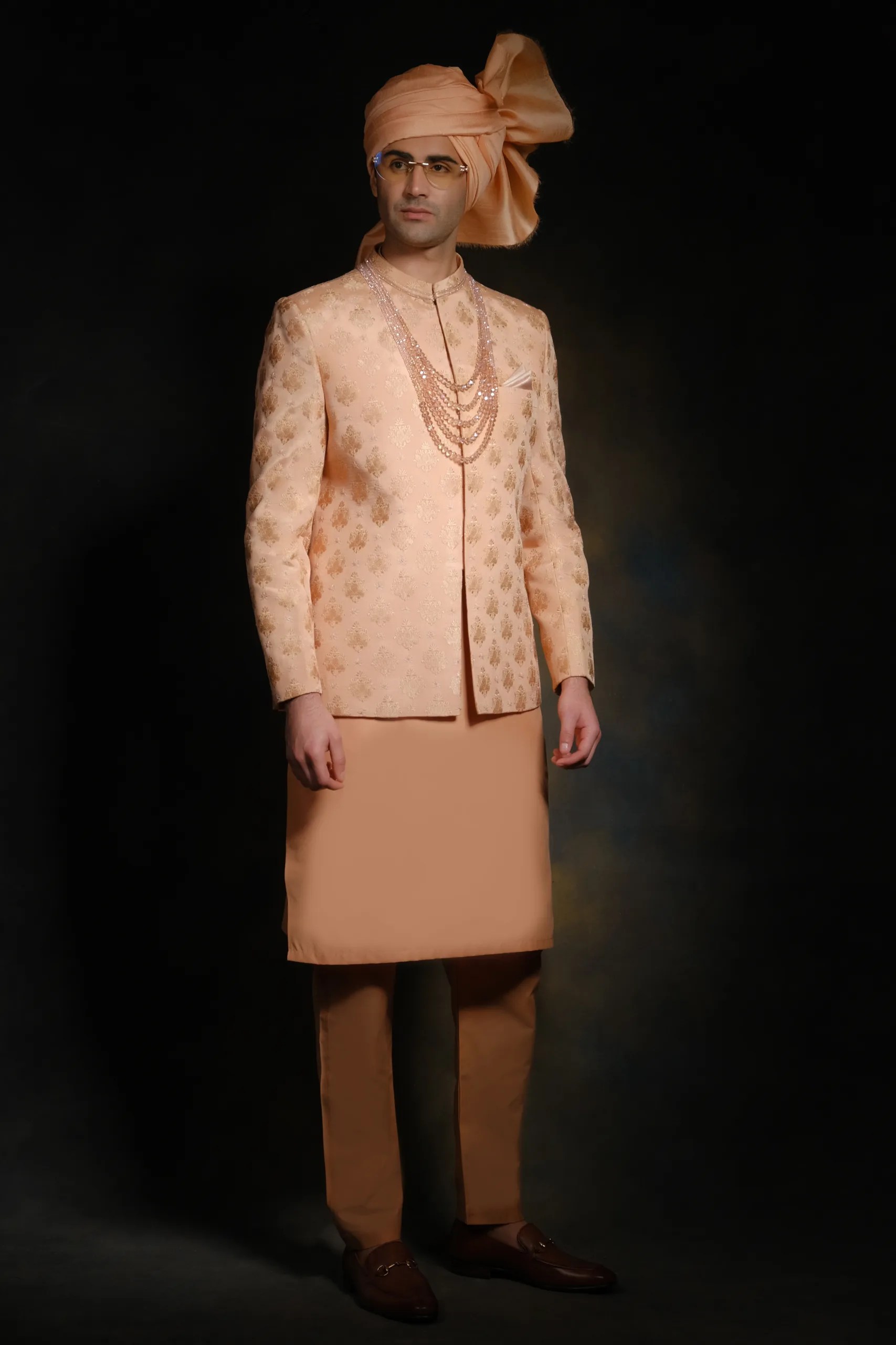 Peach Woven Silk-Blend Jacquard Prince Coat (3-Piece) - Image 4