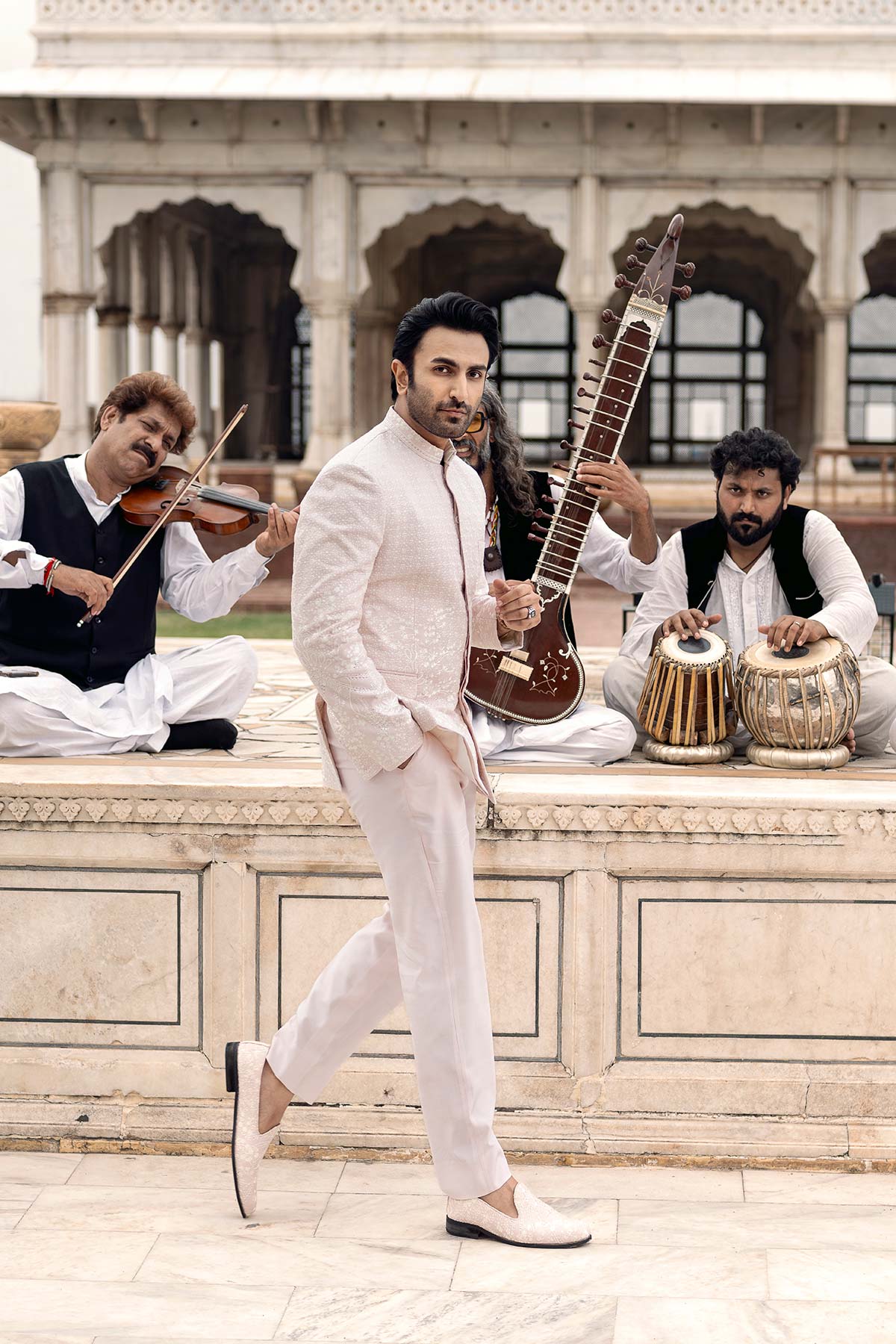 Powder Pink Resham Embroidered Silk Prince Coat (2-Piece) - Image 2