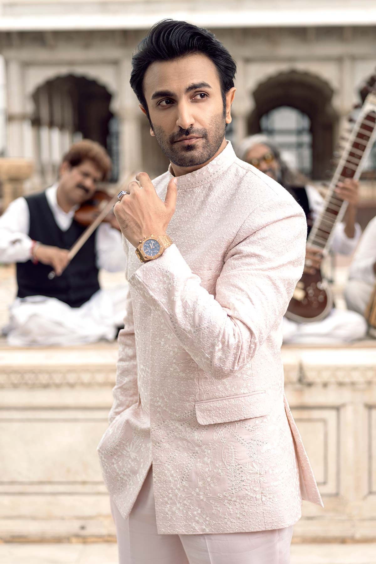 Powder Pink Resham Embroidered Silk Prince Coat (2-Piece) - Image 3