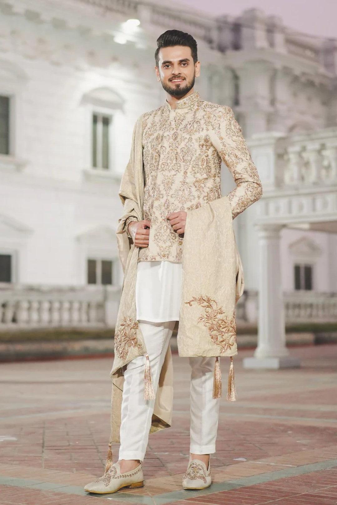 Light Peach Embroidered Silk Prince Coat (3-Piece) - Image 1
