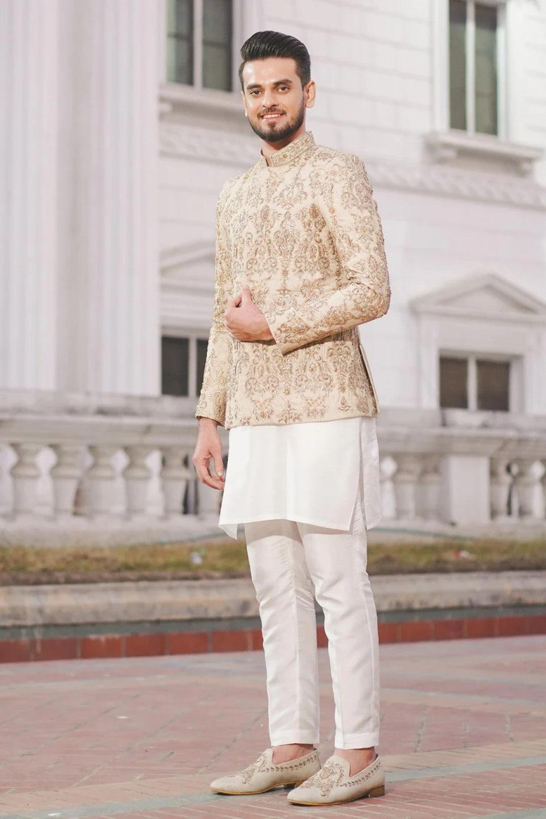 Light Peach Embroidered Silk Prince Coat (3-Piece) - Image 2