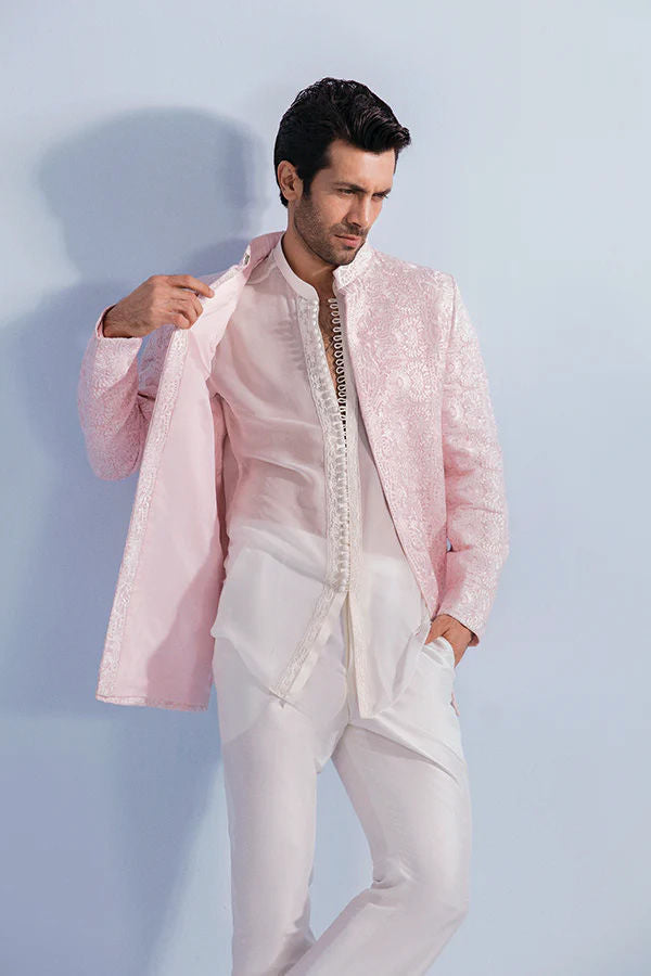 Soft Pink Silk Thread Embroidered Prince Coat (3-Piece) - Image 1