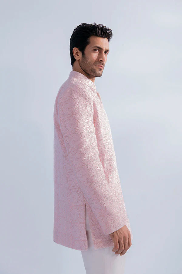 Soft Pink Silk Thread Embroidered Prince Coat (3-Piece) - Image 2