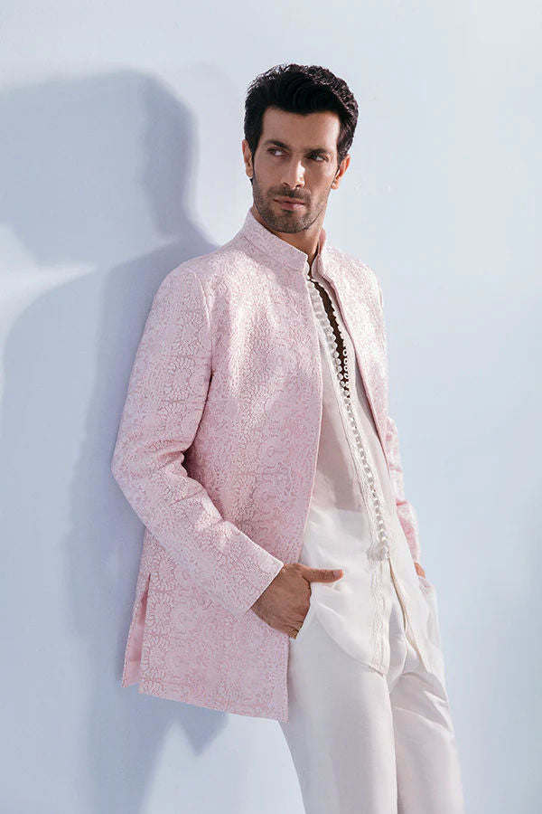 Soft Pink Silk Thread Embroidered Prince Coat (3-Piece) - Image 3