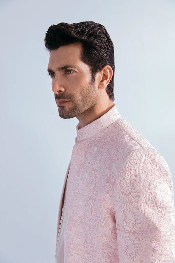 Soft Pink Silk Thread Embroidered Prince Coat (3-Piece) - Image 4