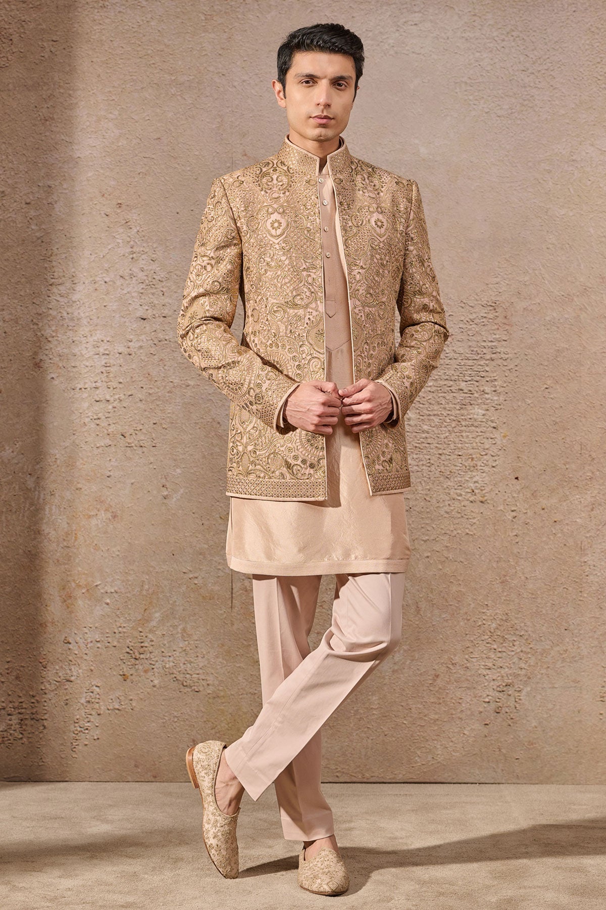 Salmon Hand-Embroidered Tissue Georgette Prince Coat (3-Piece) - Image 1