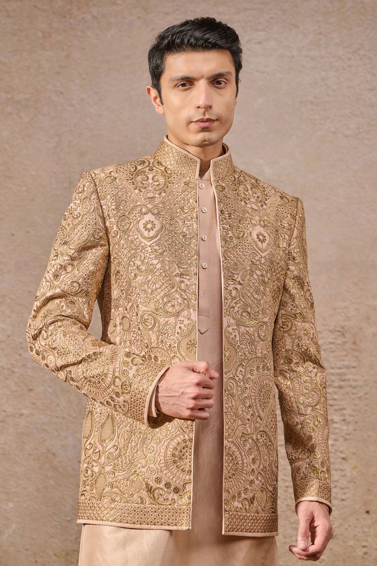 Salmon Hand-Embroidered Tissue Georgette Prince Coat (3-Piece) - Image 3