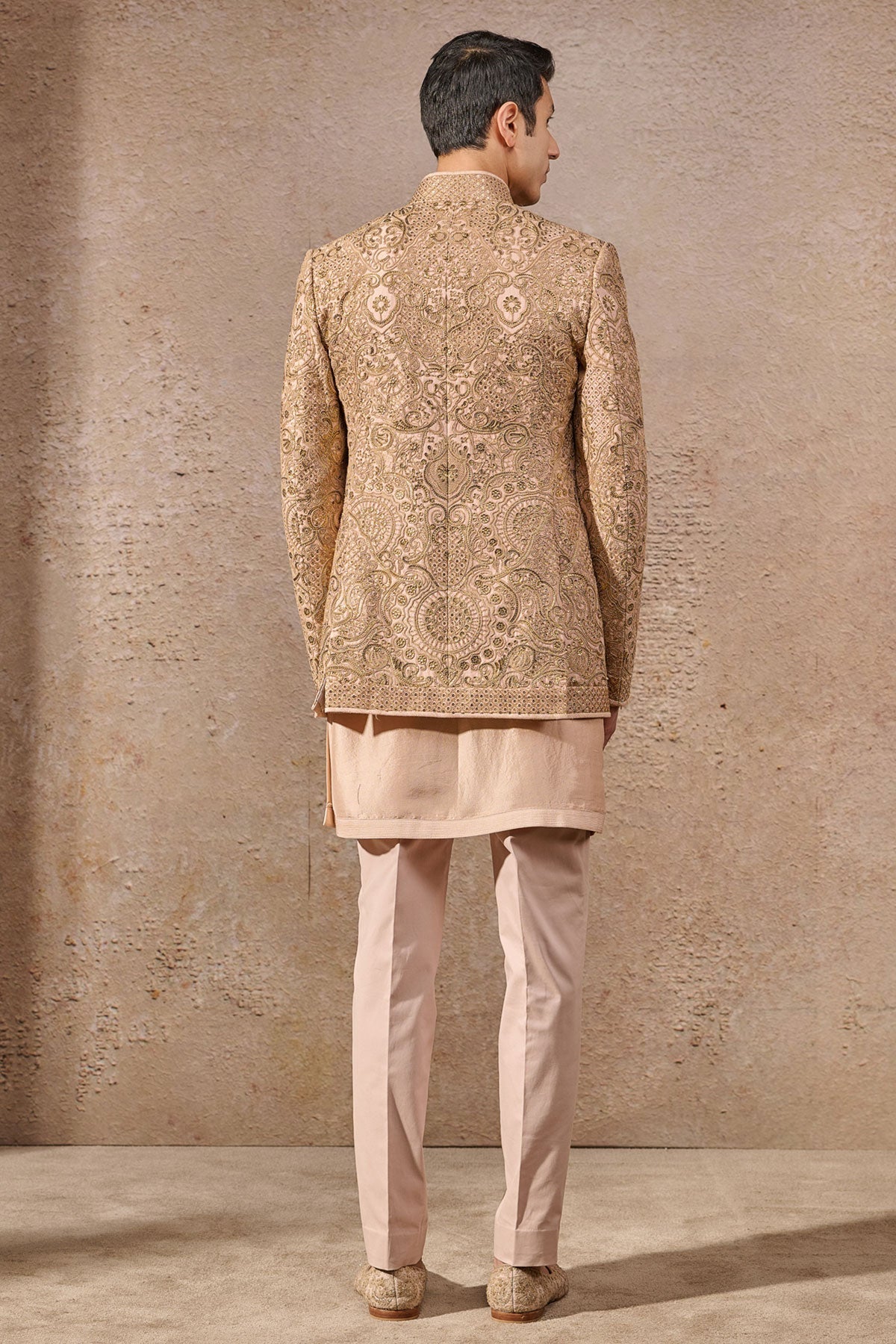 Salmon Hand-Embroidered Tissue Georgette Prince Coat (3-Piece) - Image 4