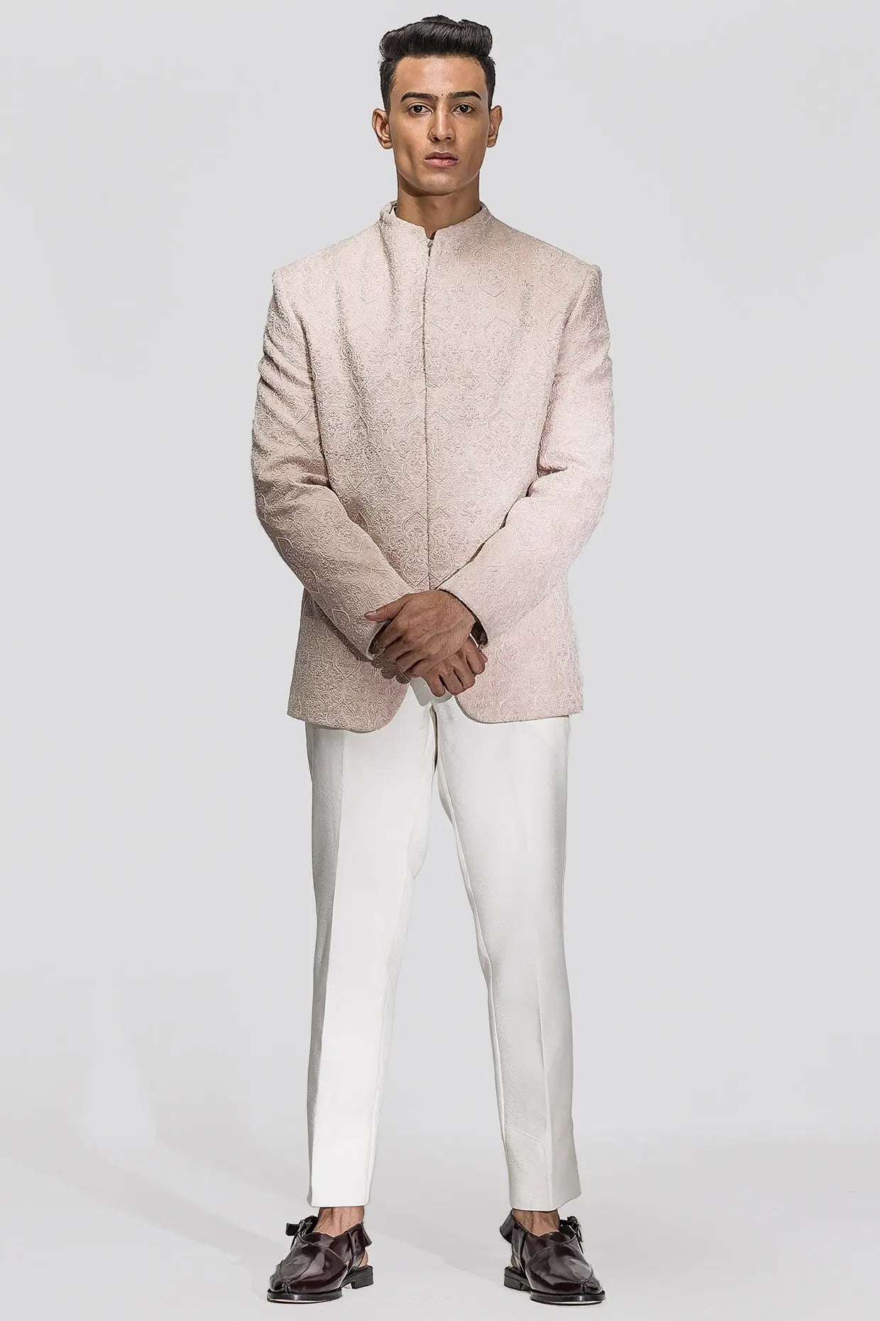 Baby Pink Resham & Moti Velvet Prince Coat (2-Piece) - Image 1