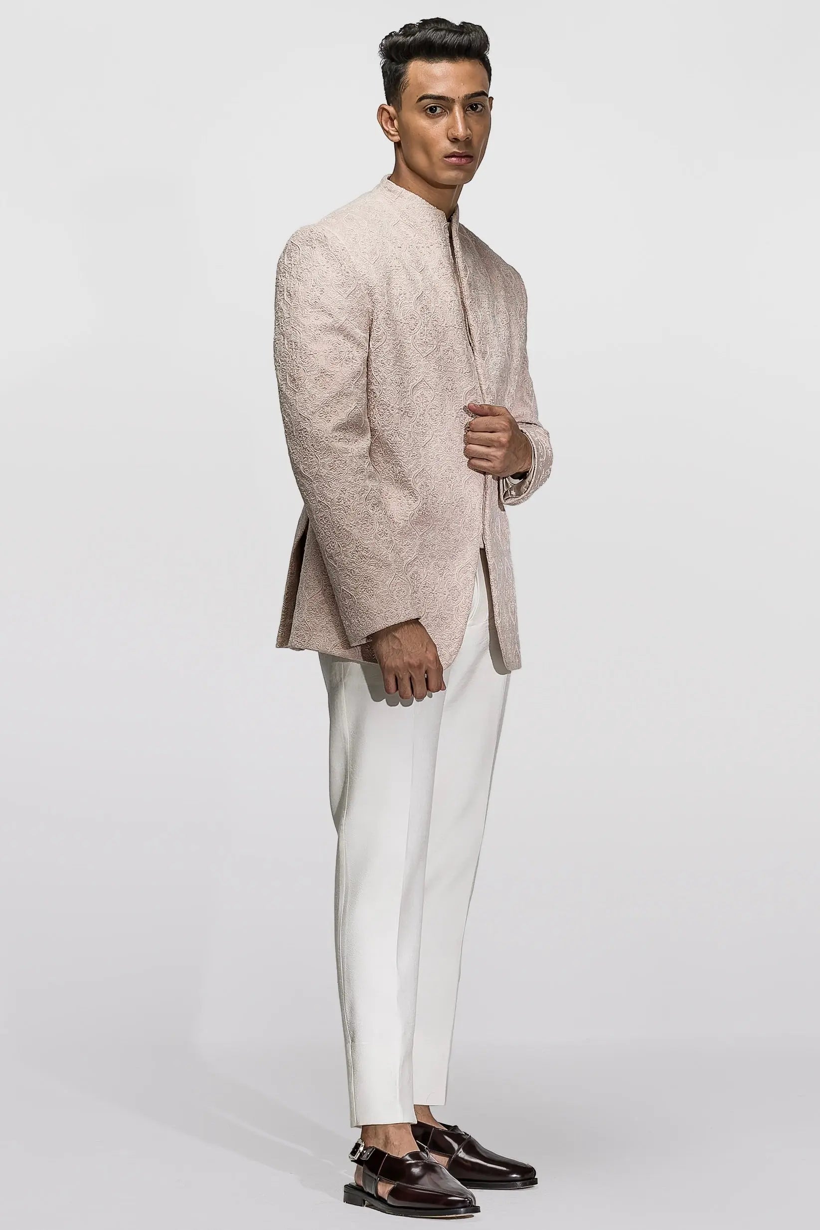 Baby Pink Resham & Moti Velvet Prince Coat (2-Piece) - Image 2