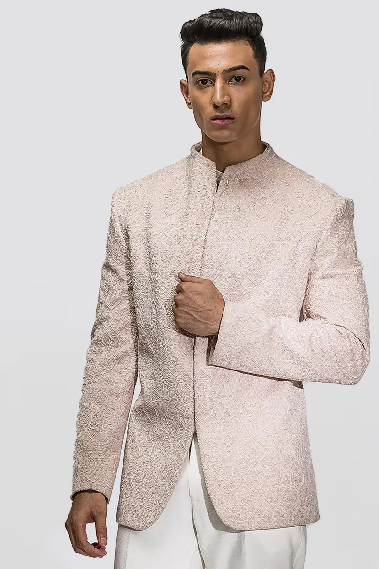 Baby Pink Resham & Moti Velvet Prince Coat (2-Piece) - Image 4