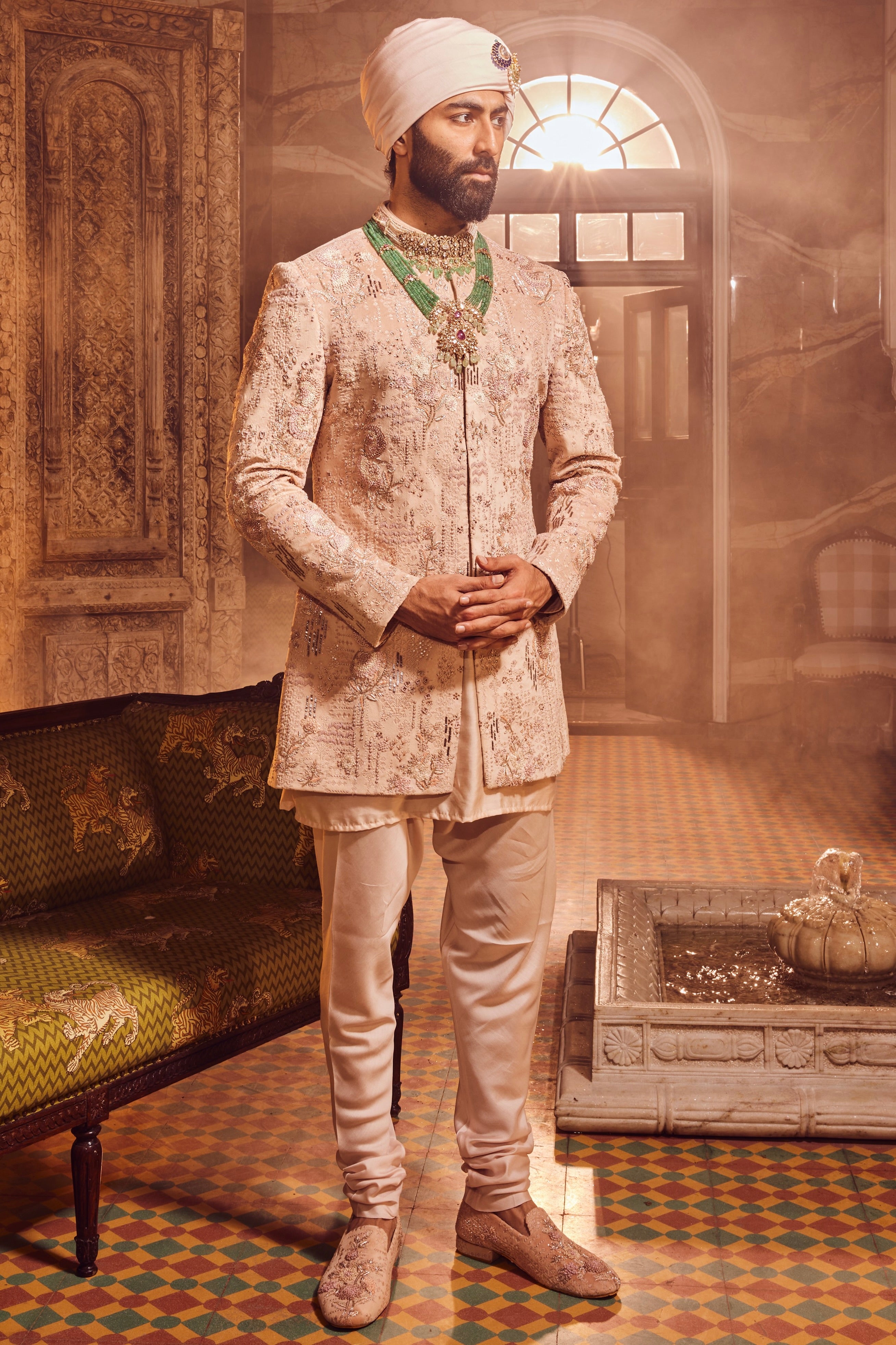 Salmon Pink Embroidered Velvet Prince Coat (3-Piece) - Image 1