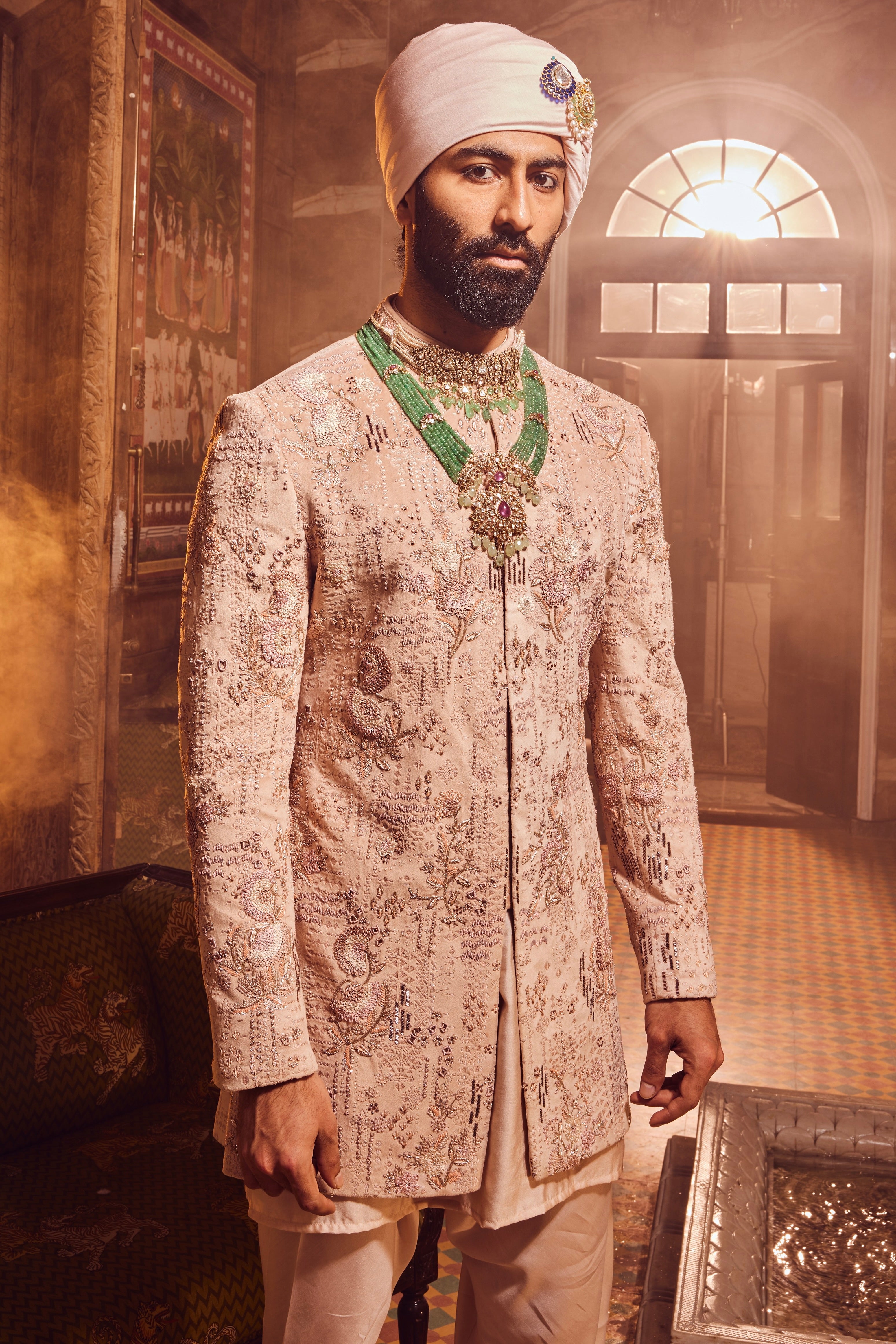 Salmon Pink Embroidered Velvet Prince Coat (3-Piece) - Image 2