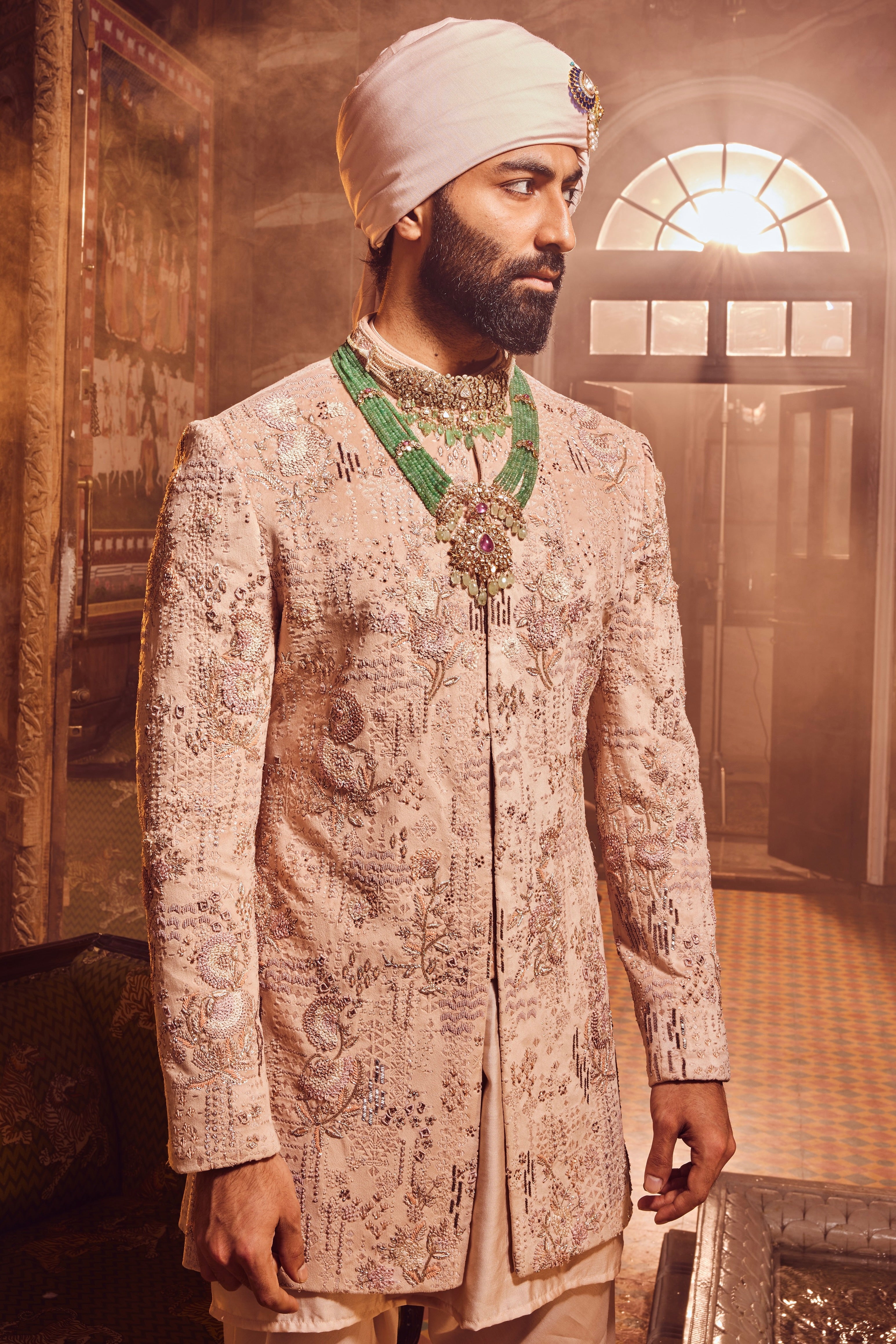 Salmon Pink Embroidered Velvet Prince Coat (3-Piece) - Image 3