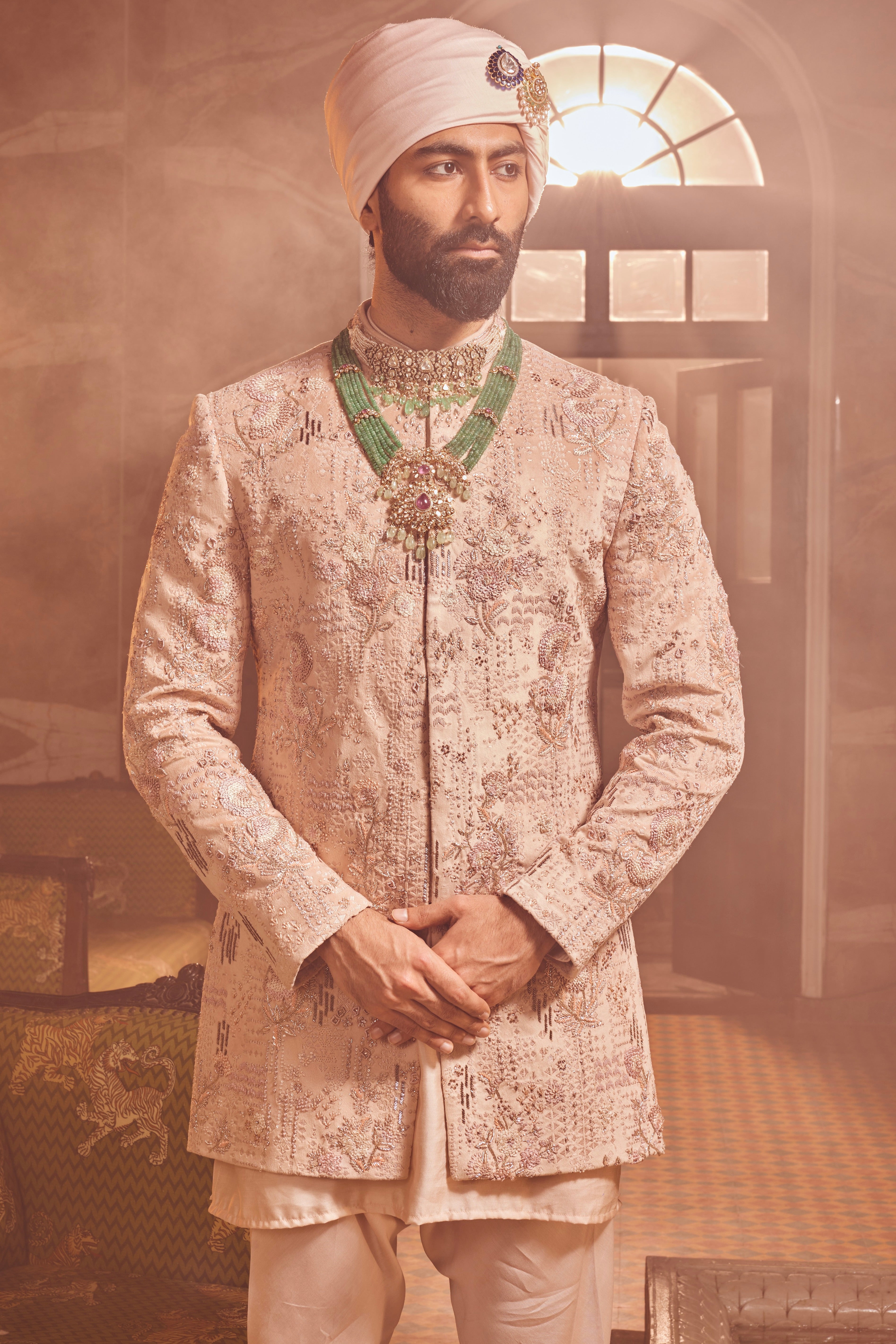 Salmon Pink Embroidered Velvet Prince Coat (3-Piece) - Image 4